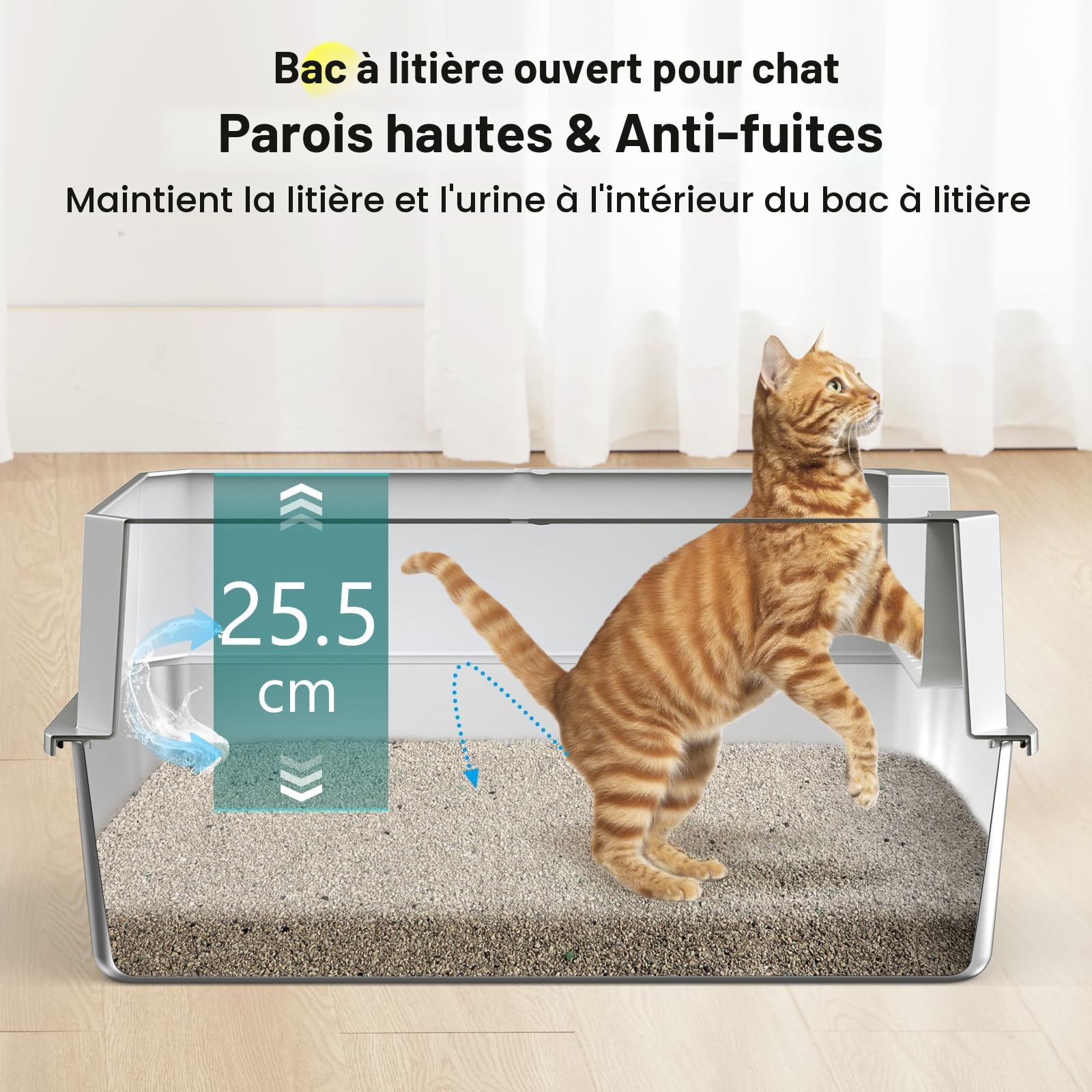 MIXJOY Bac à Litière Chat en INOX XL, Bac Litiere pour Chat 28L Grande Capacité Anti-Fuite à Bords Hauts, Design Ouvert Facile à Nettoyer avec Pelle Incluse, 56.5x36.5x25.5cm