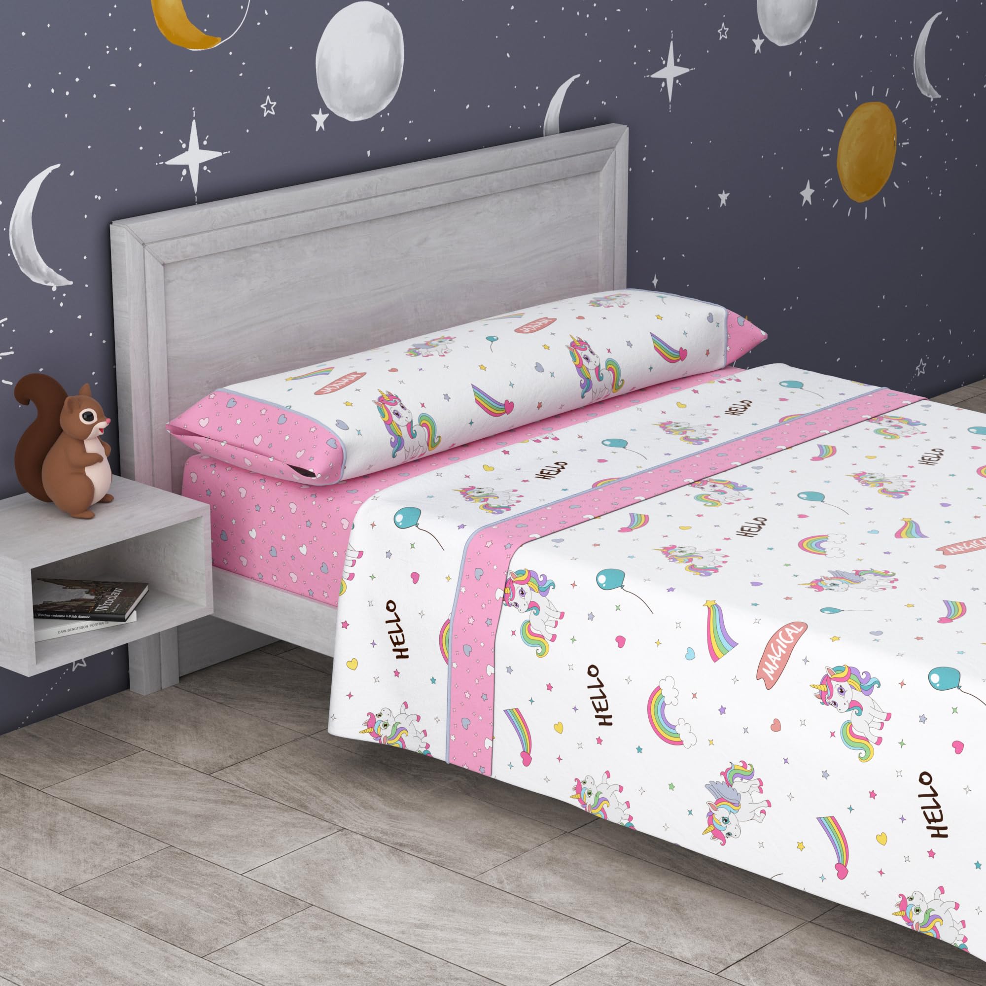 various Juego de Sábanas Infantiles Cama 90x190/200 cm – 3 Piezas (Encimera + Bajera Ajustable + Funda de Almohada) – 50% Algodón 50% Poliéster, 144 Hilos - Modelo Unicornio