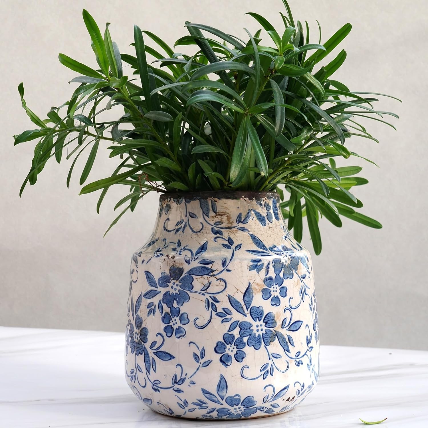 Blue and White Ceramic Vase 7” – Vintage Floral Pottery Vase with Crackle Glaze For Greenery, Branches, Small Bouquets – Farmhouse Cottage Table Shelf Mantel Decor – Waterproof Flower Vase