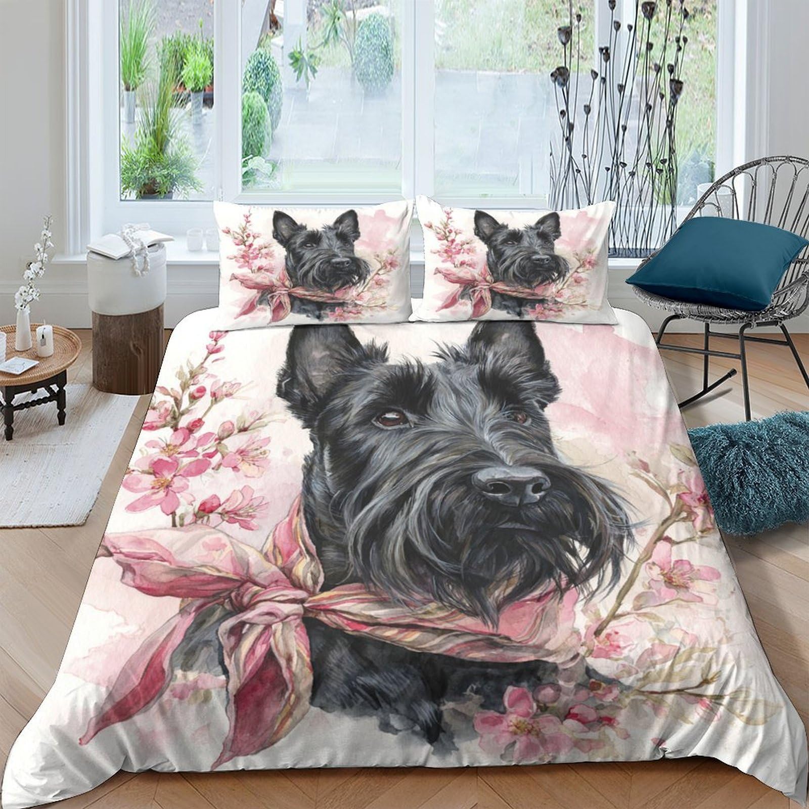 TUFRTGYHN 3D Printed Black Scottish Terrier Dog Duvet Cover Microfiber Soft Floral Pink Quilt Cover Set with 2 Pillowcases for Bedroom Home Decor Single（135x200cm）