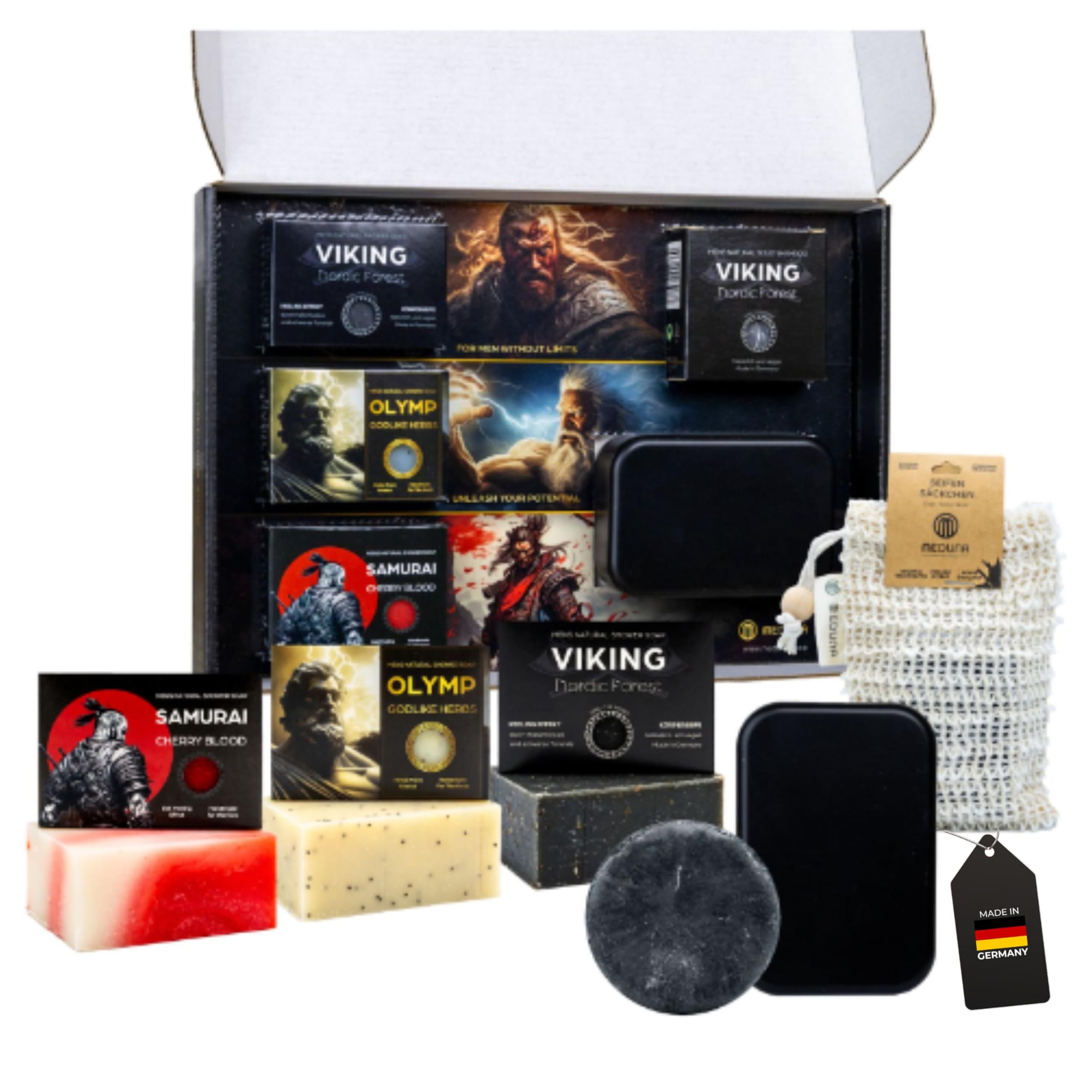 MEDUNA Mega mydło, zestaw 3 x 100 g mocnego mydła naturalnego + mocny szampon + przechowywanie - mydło do pielęgnacji - mydło do ciała do wszystkich rodzajów skóry - prezent dla mężczyzn - Made in