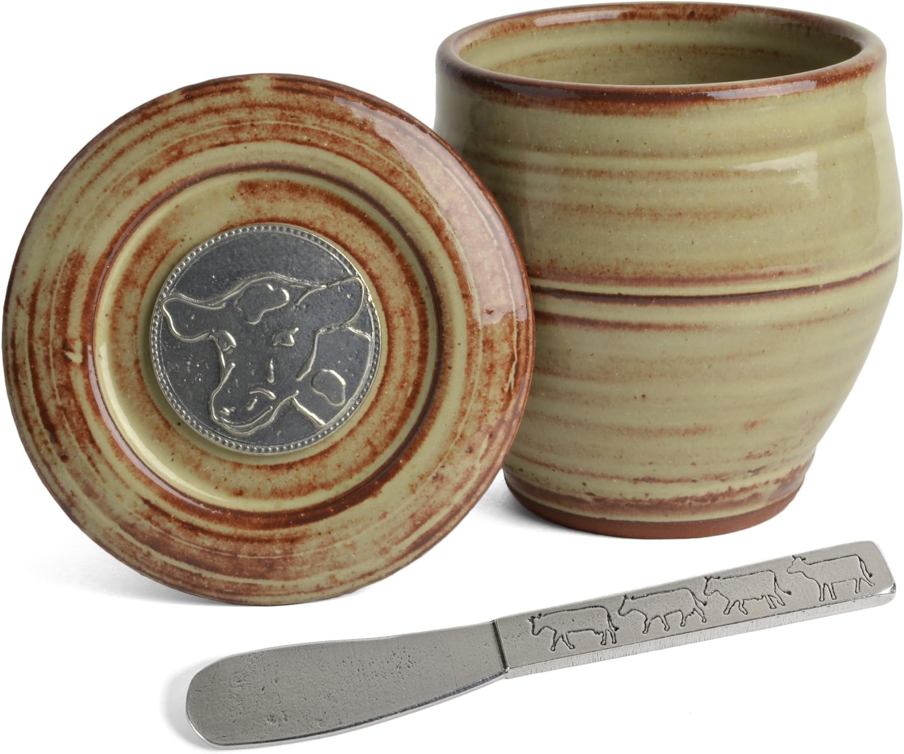 Oregon Stoneware Studio Cow French Butter Keeper with Pewter Spreader, Latte