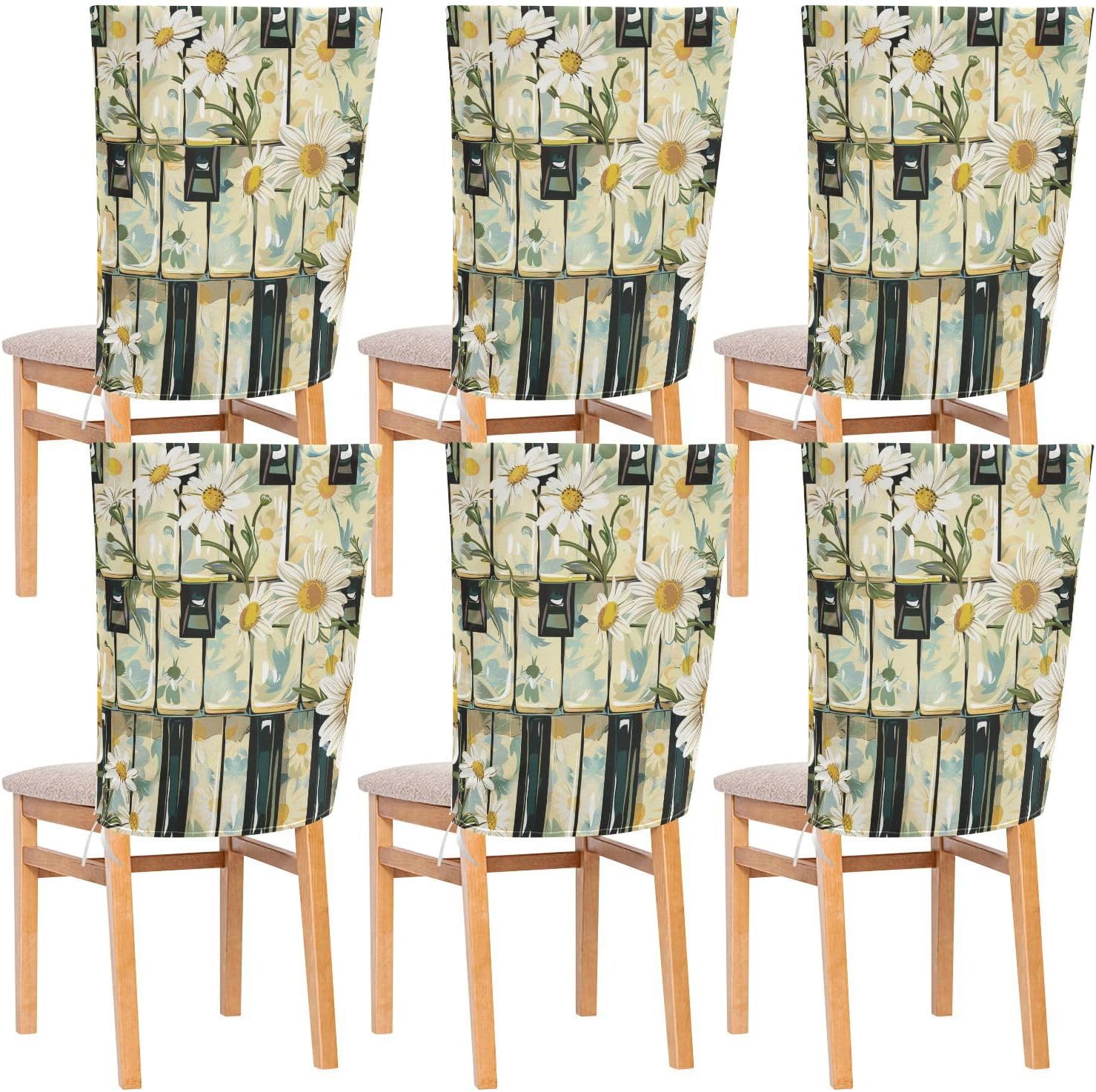 ALAZA Daisy Flowers Piano Keys Chair Back Cover Set of 6, Washable Reusable Removable Chair Slipcovers Decorative Chair Cover for Home Kitchen Wedding Party