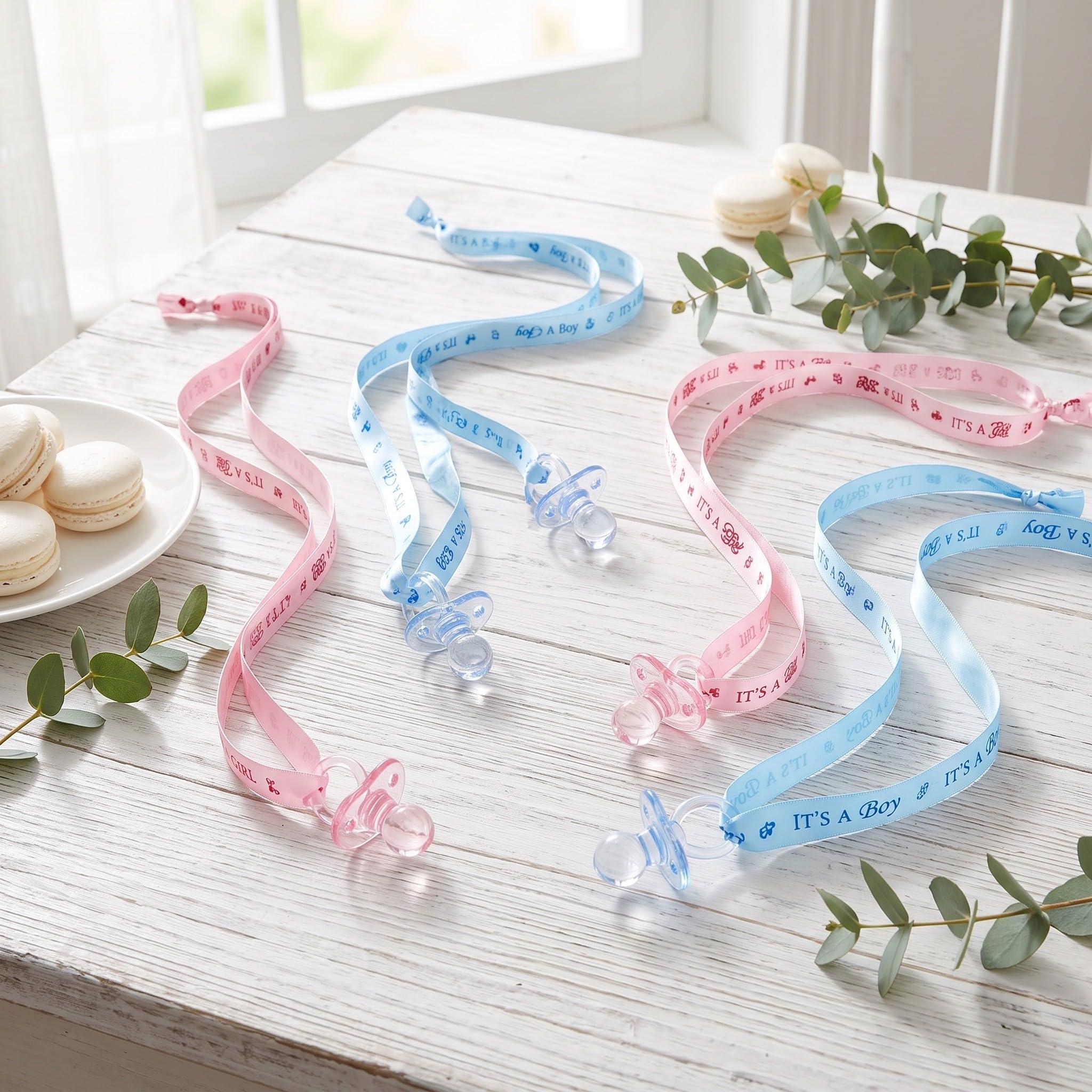 Lurrose Collana con 36 ciucci per baby shower - Bomboniere per feste con ciucci in acrilico - Collana con ciondoli in plastica per decorazioni da tavolo per baby shower, rosa, blu