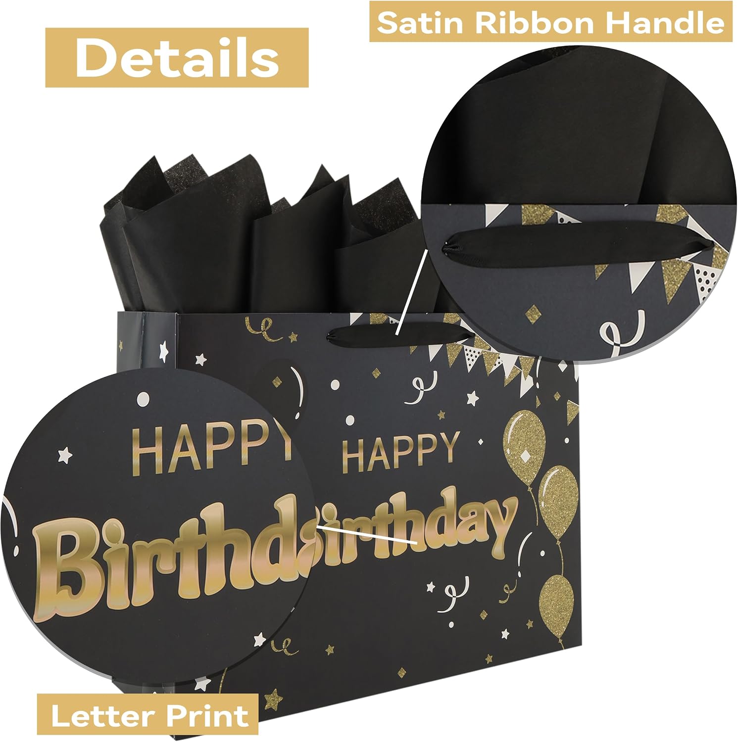Qirrmiy 16.5” Extra Large Black Happy Birthday Gift Bag Set with Handles, Greeting Card, Tissue Papers and Stickers for Women Girls Men Boys, Husband, Father, Balloons Design, 1 Pcs