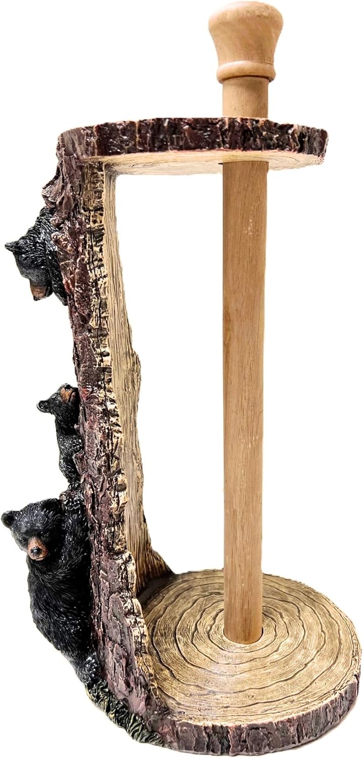 BestGiftEver Freestanding Paper Towel Holder with Decorative Bear Design - Rustic Cabin Kitchen Countertop Décor Featuring a Black Bear Family Climbing on a Tree Trunk - Ideal Gift for Bear Lovers