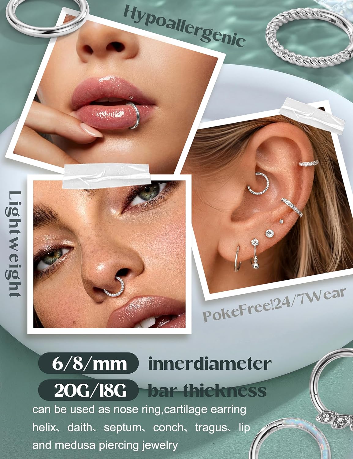 THUNARAZ 18G 16G Nose Rings Hoop Surgical Steel Septum Rings for Women Men Clicker Hinged Septum Cartilage Helix Conch Hoop Daith Piercing Jewelry 8mm 10mm