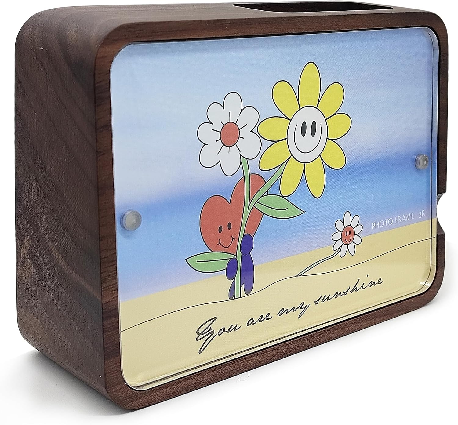 You are My Sunshine Wind Up Pen Holder and Photo Frame Music Box, 5 Inch Solid Wood Pen Holder Photo Frame Musical Box Picture Frame for Tabletop or Desktop Ornaments (Walnut Wood)
