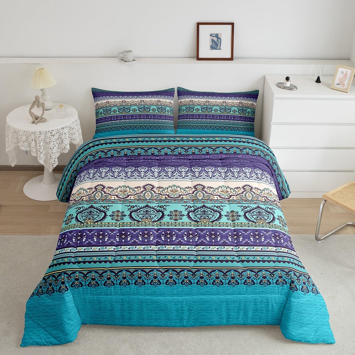 Boho Comforter Set Queen Size Bohemian Striped Bedding Quilt Set Blue Gray Paisley Floral Comforter Women Girls Soft Microfiber Folkloric Exotic Duvet Set Tribal Bed Comforter with 2 Pillow Cases
