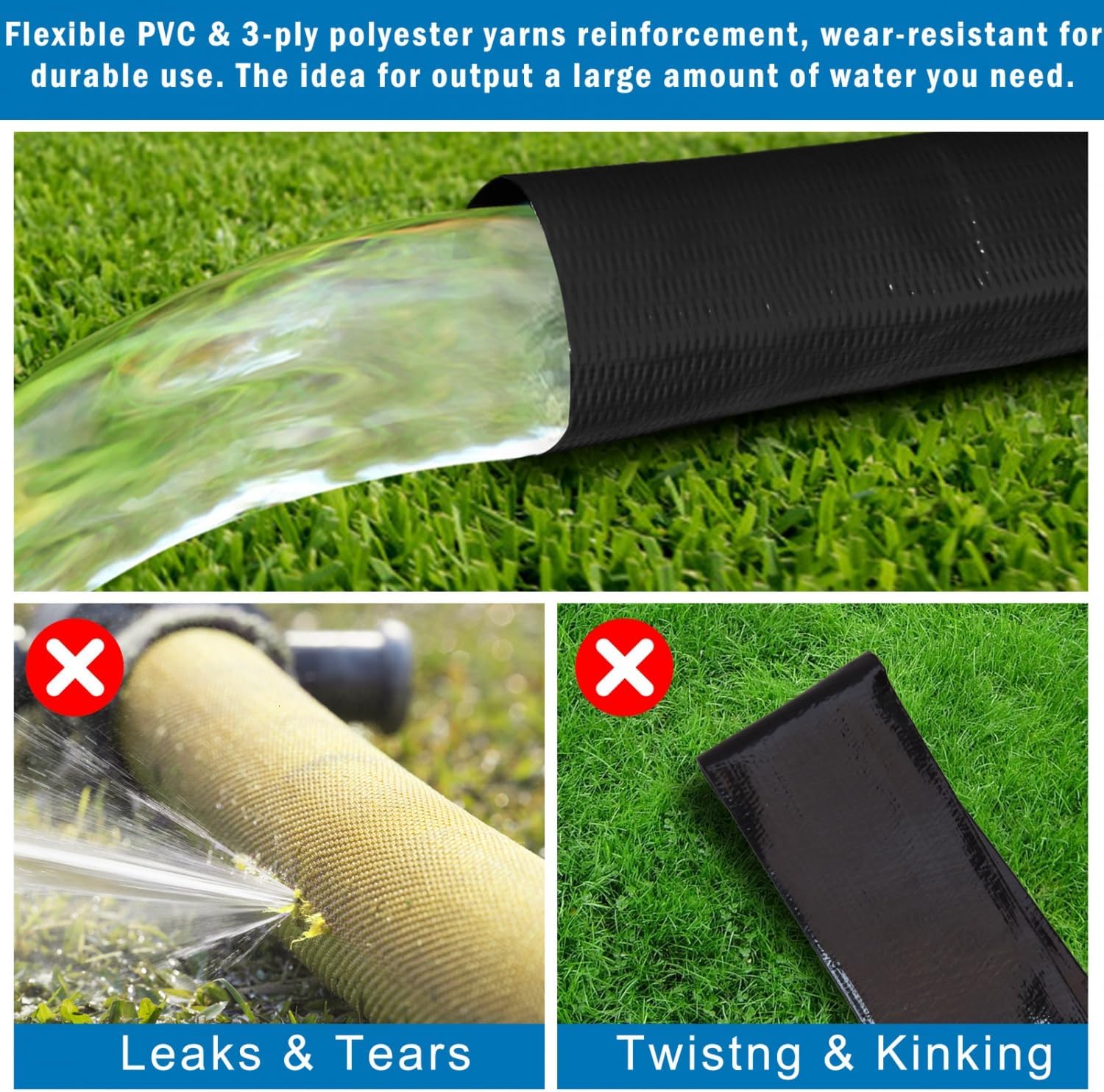 2 inches x 100 FT Heavy-Duty PVC Swimming Pool Backwash Hose, Reinforced Discharge Hose with Clamp for Swimming Pools, Black
