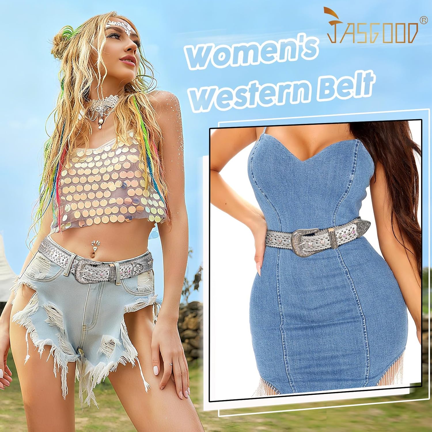 JASGOOD Rhinestone Belt for Women Men Bling Studded Western Cowboy Cowgirl Belts for Jeans - Image 3