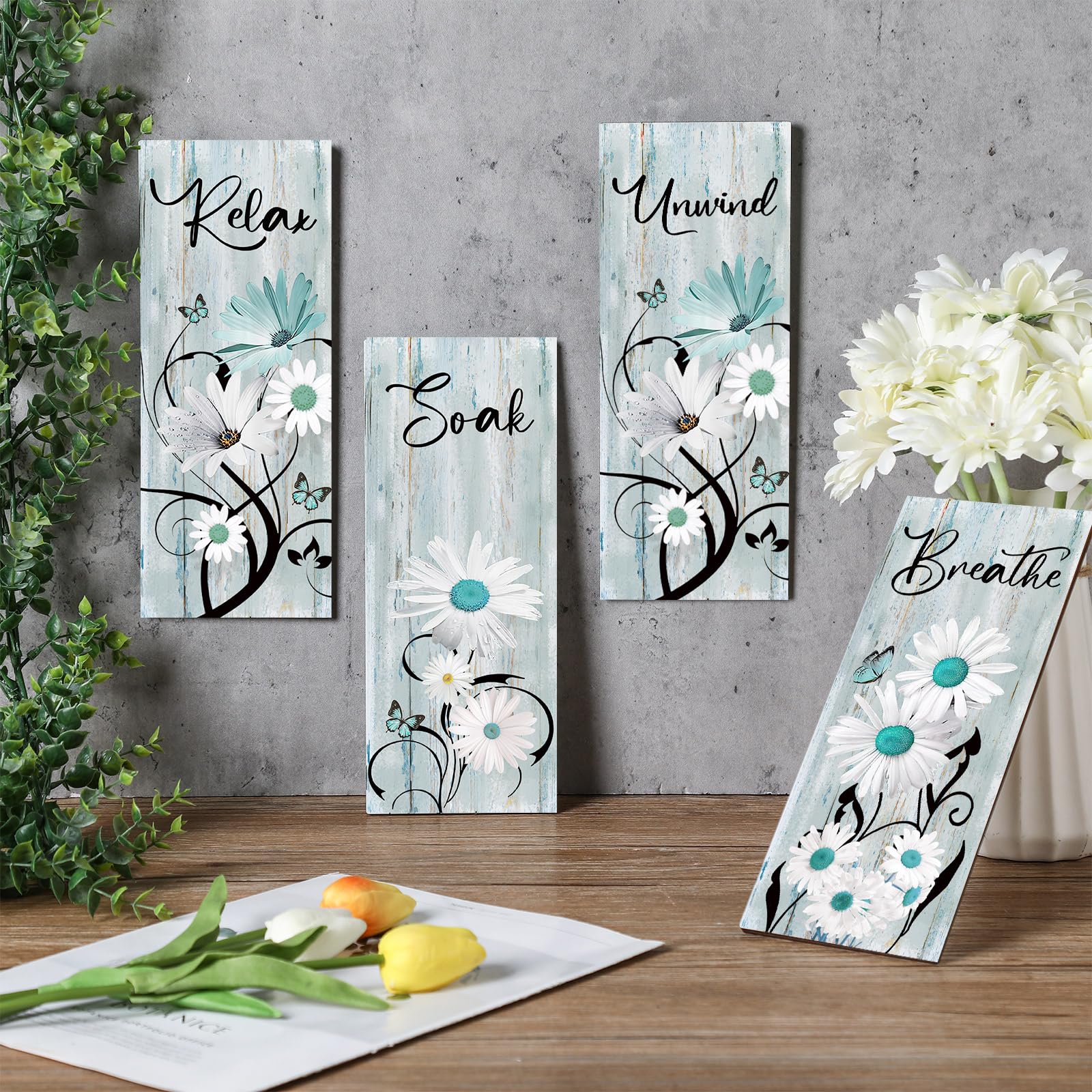 4 piezas de decoración de pared de madera de margarita verde azulado para baño, decoración de pared de madera verde azulado Relax Soak Unwind Breathe Flower Rustic Farm Sign turquesa azul 3