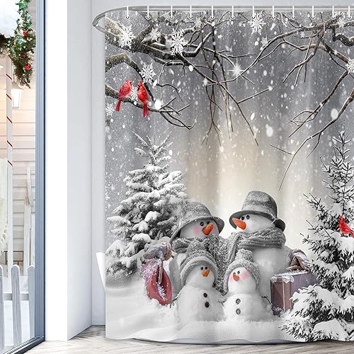 Cortina de ducha de invierno con diseño de muñeco de nieve, juego de cortina de ducha de pájaro cardenal para baño, cortina de ducha de tela de copo