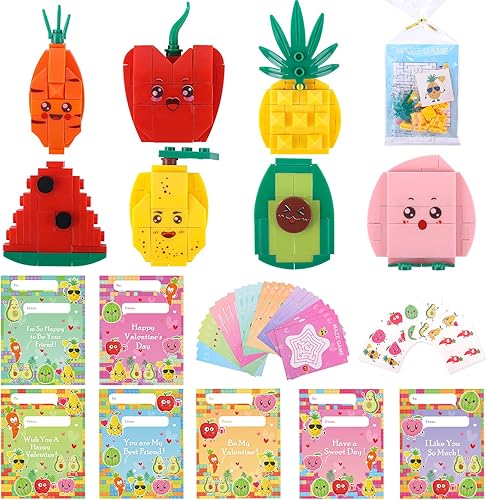 Tarjetas del día de San Valentín para el aula de niños, juego de 28 bloques de frutas, regalos del día de San Valentín para niños, tarjetas del día
