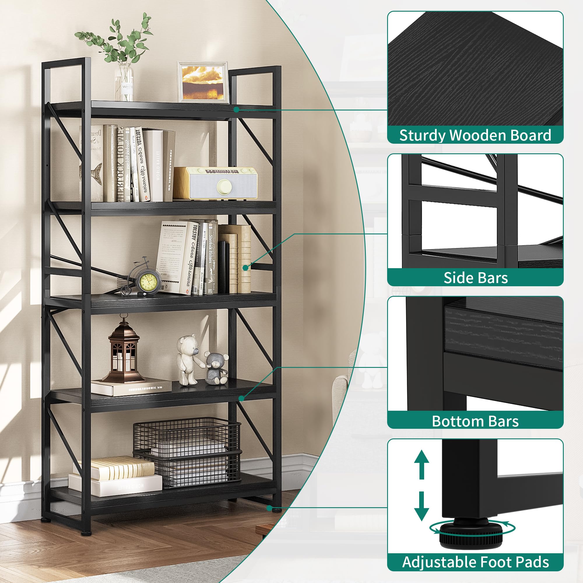 YITAHOME Libreria a 5 Ripiani, Scaffale per Libri Industriale Scaffale per Libri Autoportante Scaffale in Legno e Scaffale con Struttura in Metallo Espositore per Soggiorno, Ufficio in Casa, Nero