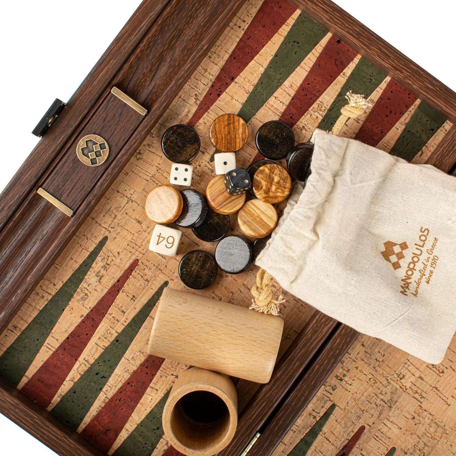 Manopoulos Ensemble de backgammon de luxe en liège naturel à carreaux en bois d'olivier – Ensemble premium fait main en Grèce par des experts (30 x 17 cm fermé), adultes 14 +