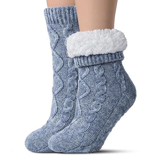 Tough Land Slipper Socks for Women with Grippers Non Slip, Sherpa Lined Slipper Socks - Large - Blue