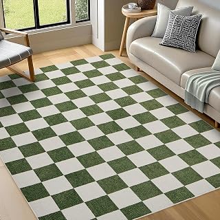 Large Checkered Rugs for Living Room 6x9, Ultra-Thin Washable Area Rug Non Slip Low Pile Flat Print Plaid Carpet for Bedroom, Nursery Classroom, Dining Room, Kids Playroom(Green and White)