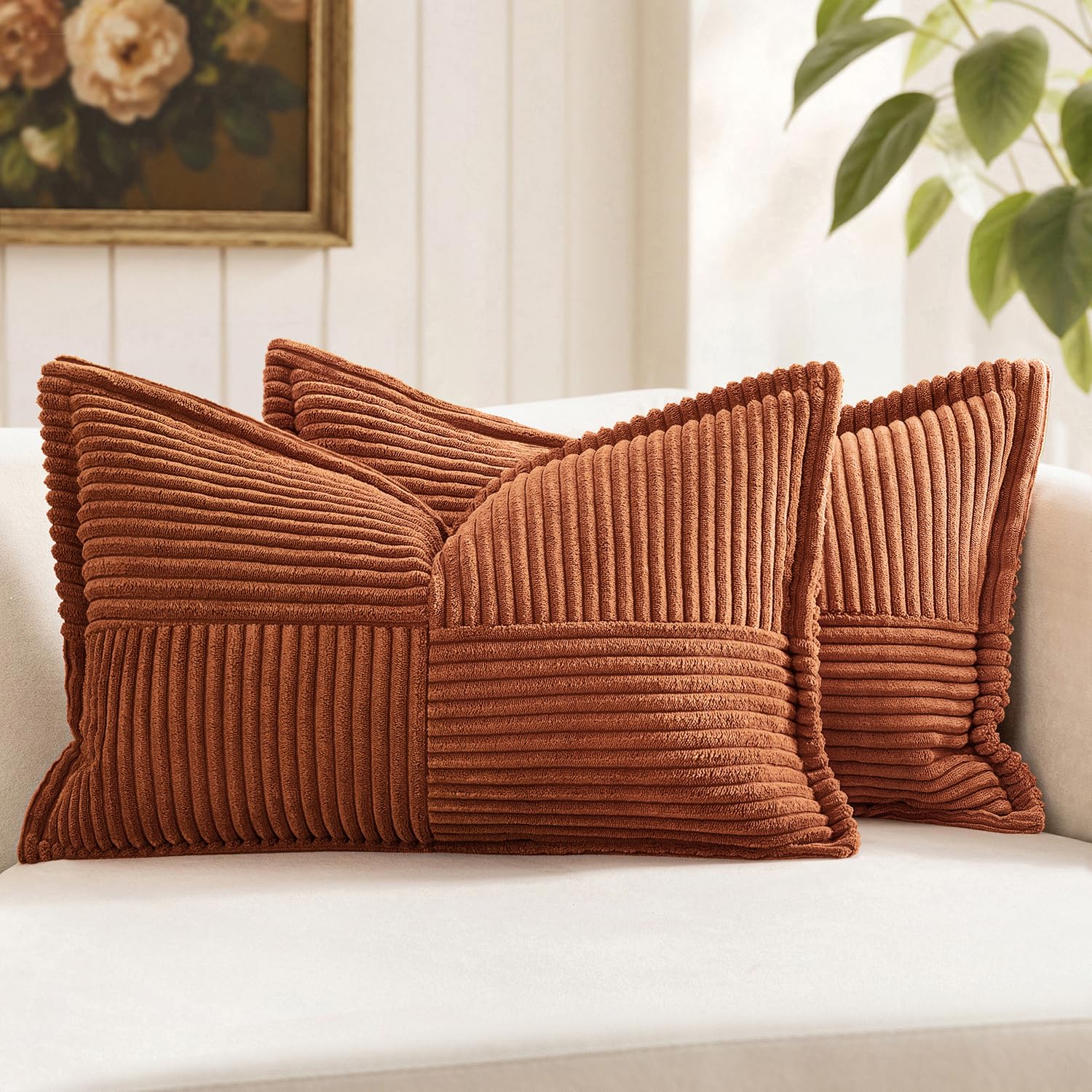 MIULEE Fall Dark Rust Decorative Lumbar Throw Pillow Covers for Couch Bed Livingroom 12x20 Inch Set of 2 Boho Accent Throw Pllows Broadside Striped Patchwork Soft Corduroy Pillowcases, Terracotta