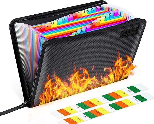 ABClife Expanding File Folder Fireproof Document Bag Portable Rainbow Fireproof Accordion Organiser Fireproof File Bag A4 with Fire Resistant Zipper for Bills and Valuables Storage (24 Pockets)