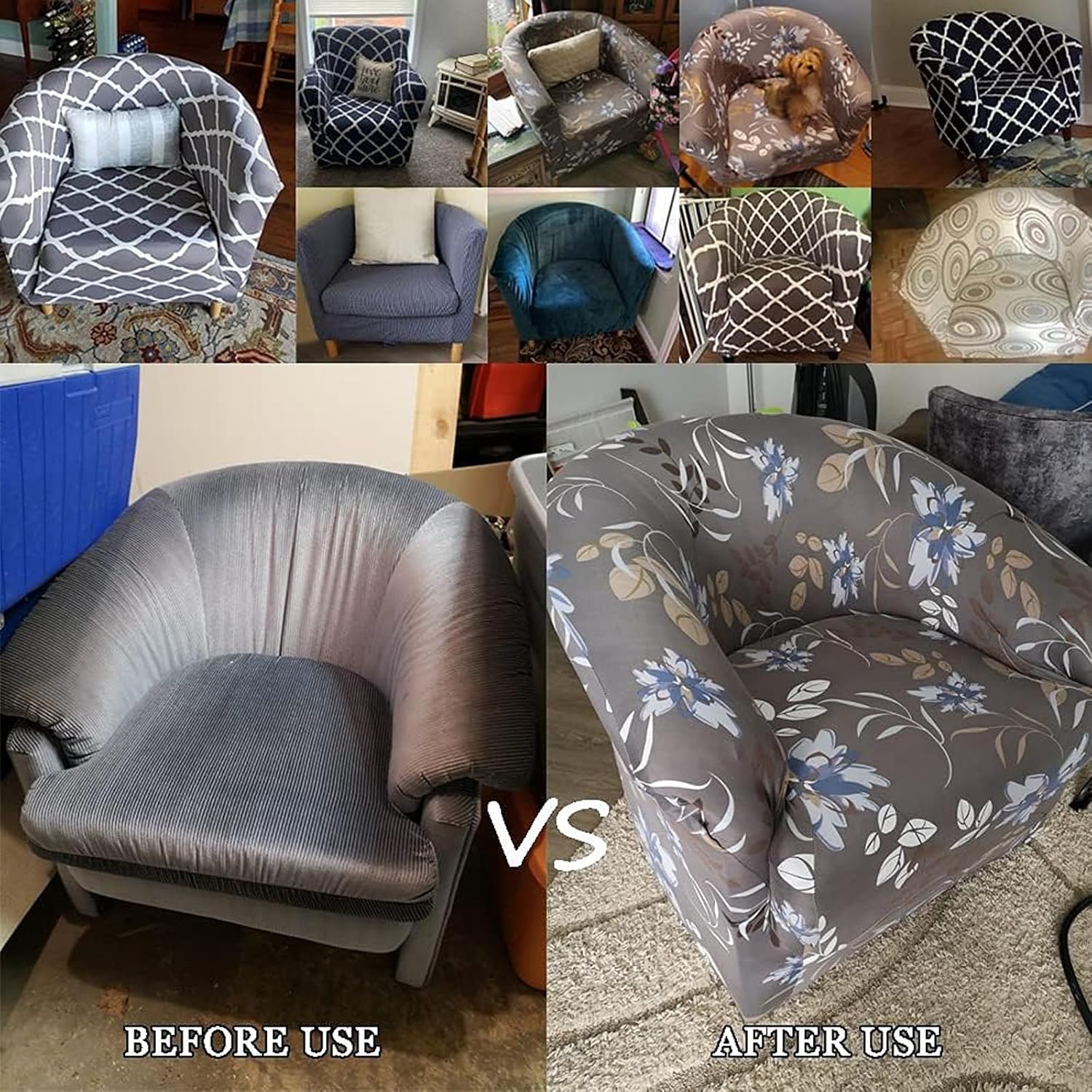 E, Large Barrel Club Chair Covers Stretch Slipcovers with Cushion Cover, Removable Tub Chair Covers Slipcovers 2 Piece, Universal Club Chair Covers for Armchair, Sofa Furniture Protector