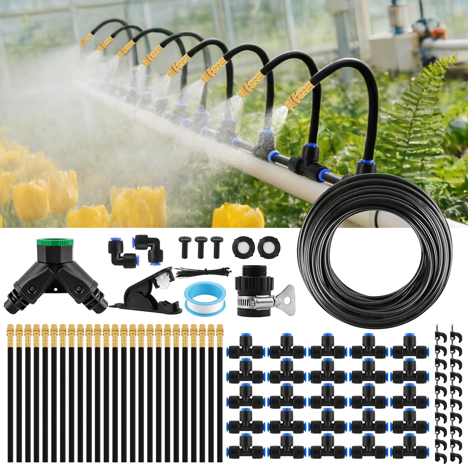 Kalolary Sistema de Nebulización Exterior 100FT para Refrigeración de Terrazas, Kit de Rociadores de Jardín, Filtro Pro y Conectores Universales de Grifo, Enfriamiento Exterior DIY para Verano