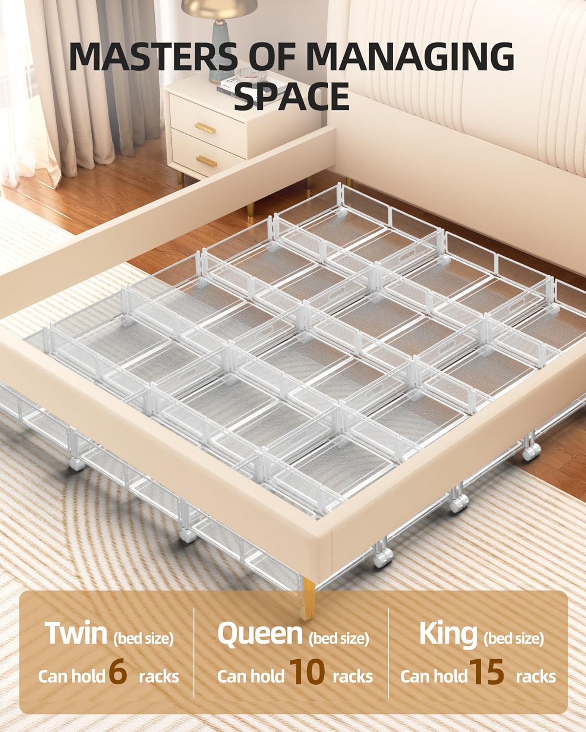 Under Bed Organizer, Storage Bins Under Bed, 60L Underbed Storage Bins for Bedroom Clothes Shoes Blankets (White, 2 Pack)