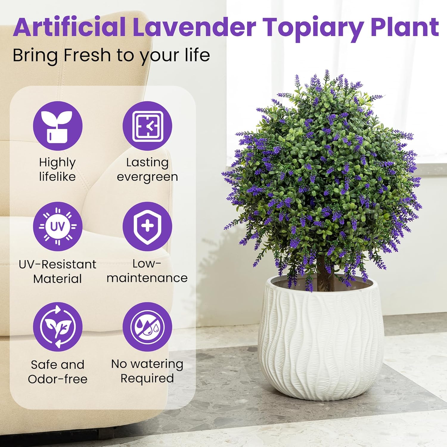 Artificial Lavender Topiary Ball Trees, 2 Pcs 23.6" Faux Lavender Bushes with 4 Ground Spikes, Fake Evergreen Plants for Home, Garden, Yard, Patio, Front Porch Decor