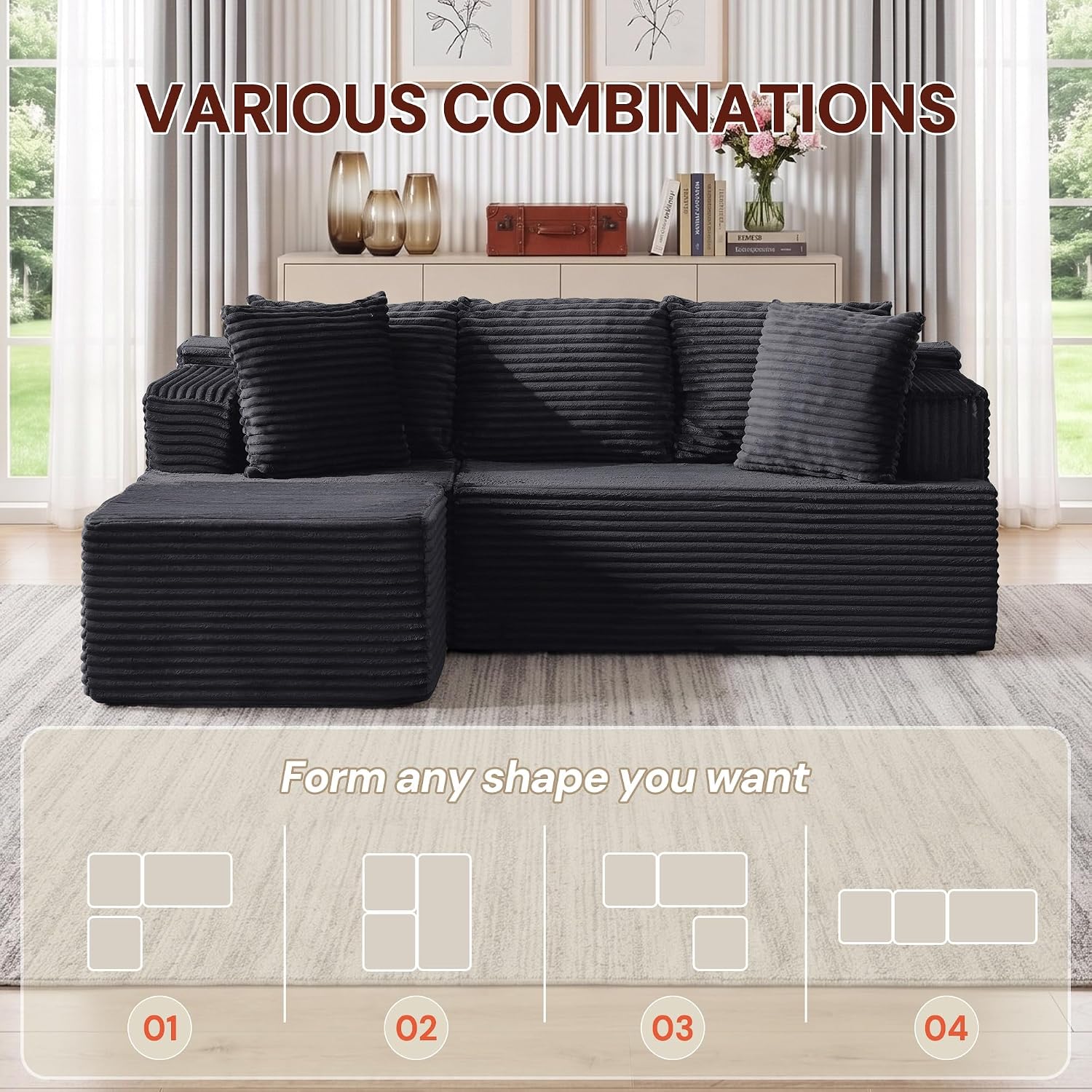  Boneless Couches for Living Room, Cloud Couch Sectional with Ottoman, L-Shaped Sofa with Fluffy Comfy Corduroy Deep Seat, Bedroom, Apartment, No Assembly Required thumbnail