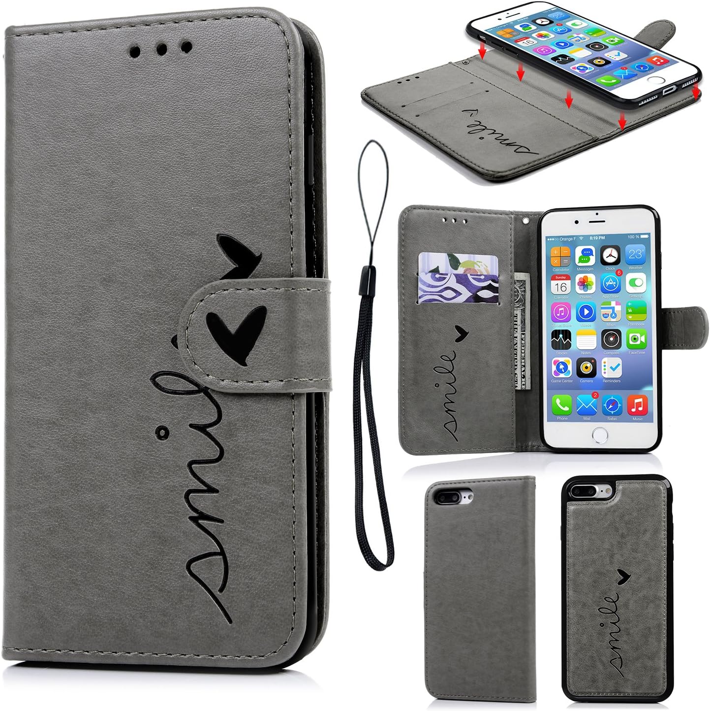 Compatible with iPhone 8 Plus Case, iPhone 7 Plus Wallet Case Embossed Love PU Leather Case TPU Shock Bumper Magnetic Detachable Card Slots Hand Strap Cover for iPhone 7 Plus & iPhone 8 Plus Gray