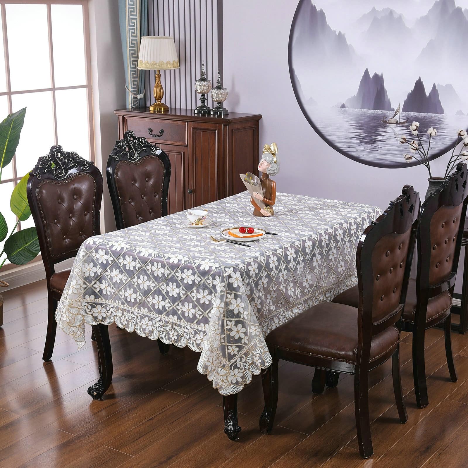 Tovaglia rettangolare bianca caffè, motivo floreale, 150 x 270 cm