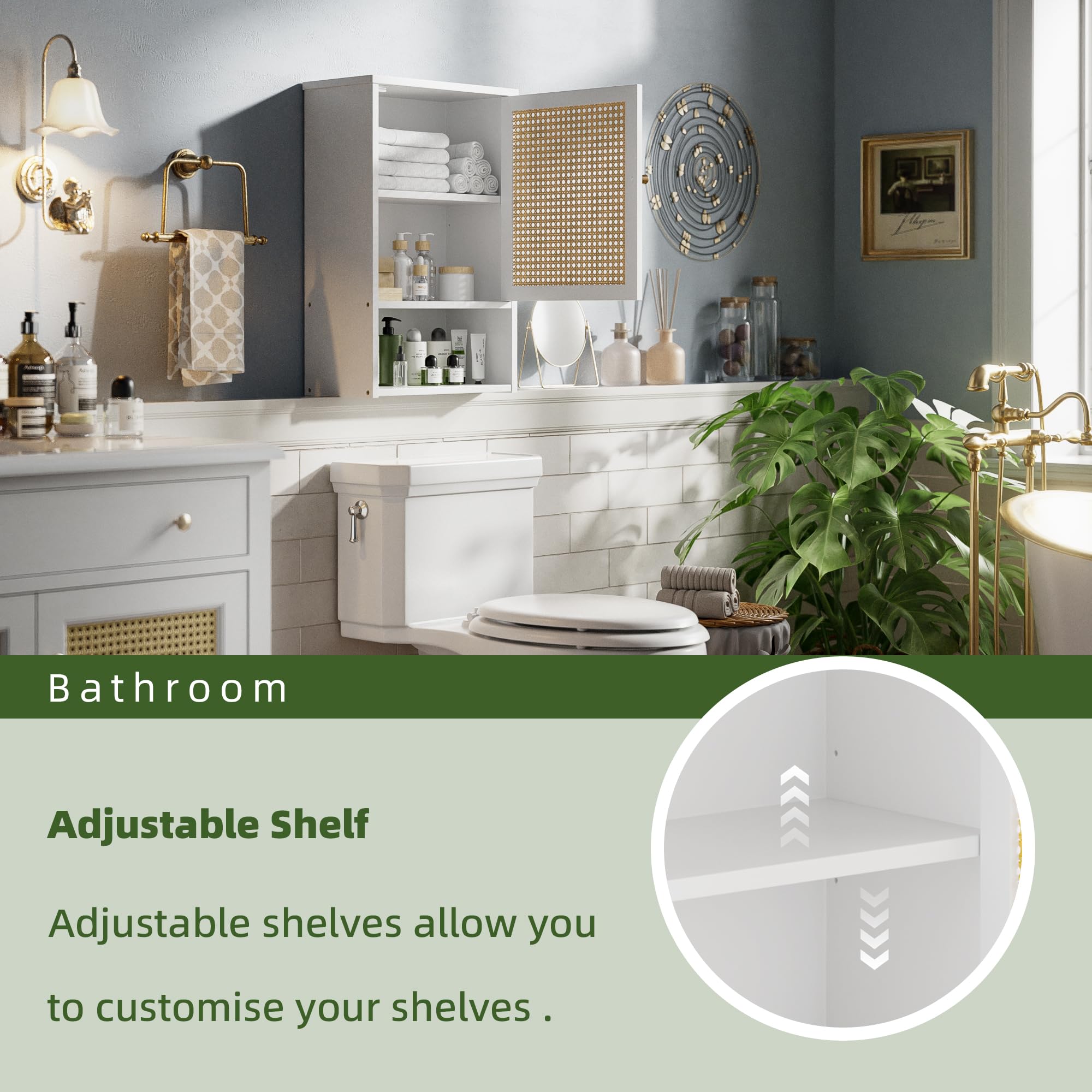 Badezimmer-Wandschrank, Bambus-Aufbewahrungsorganisator über der Toilette mit Rattantüren und verstellbarem Regal, platzsparender Medikamentenschrank für Wäsche, Küche, Wohnzimmer (Weiß)
