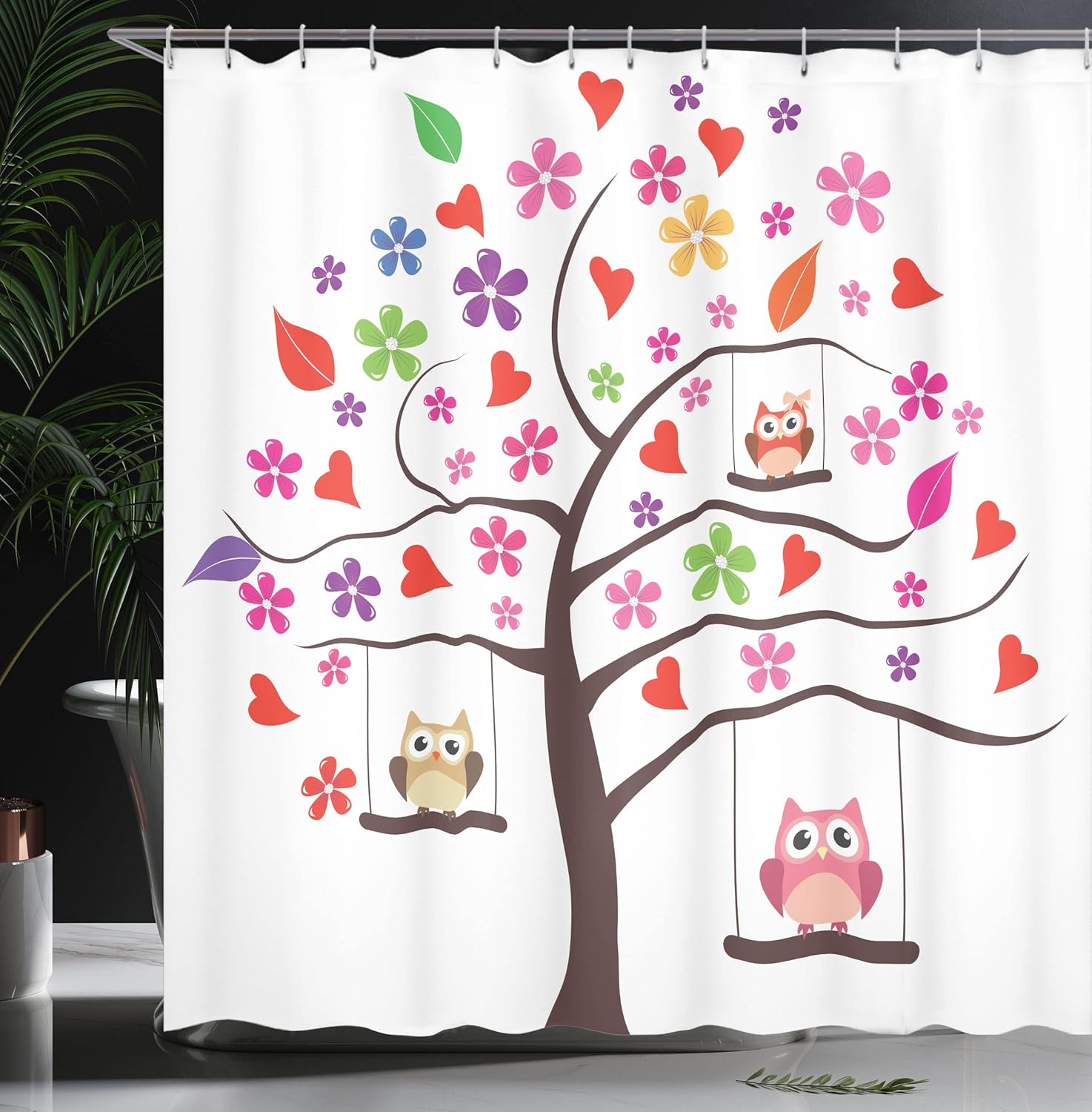 Ambesonne Owls Shower Curtain, Cartoon Tree with Hearts and Owl Family Swinging Ornamental Lines Floral Illustration, Cloth Fabric Bathroom Decor Set with Hooks, 69" W x 75" L, Pink Brown