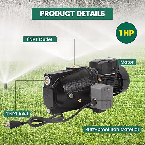 Miniatura 6 de Bomba de pozo poco profundo 1HP, bomba de chorro de agua de pozo poco profundo de 110 V, bomba de rociador, bomba de pozo de agua de 10.57 GPM,