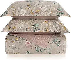 Kit Cobre Leito Colcha Boutis 3 Peças Matelado Ultrassônico Estampado Dupla Face Porta Travesseiro Aba Americana Micro Percal 150 Fios (Isabel Areia, Casal)