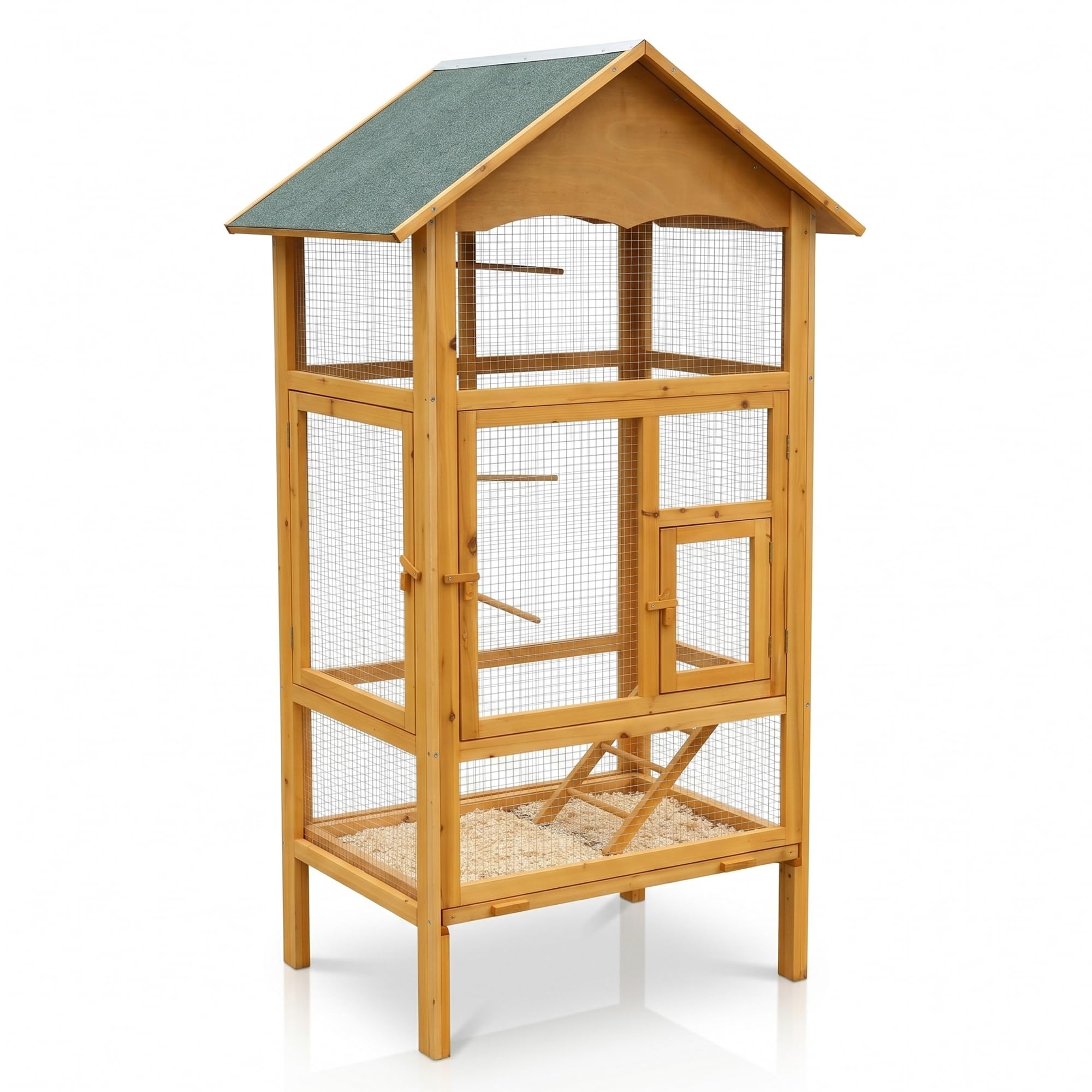 Mucola Vogelvoliere Holz großer Vogelkäfig mit 2 Türen Vogelhaus mit Sitzstangen, Leiter und Kotschublade Außenvoliere 74 x 74 x 194 cm Zuchtkäfig Vogelhaus