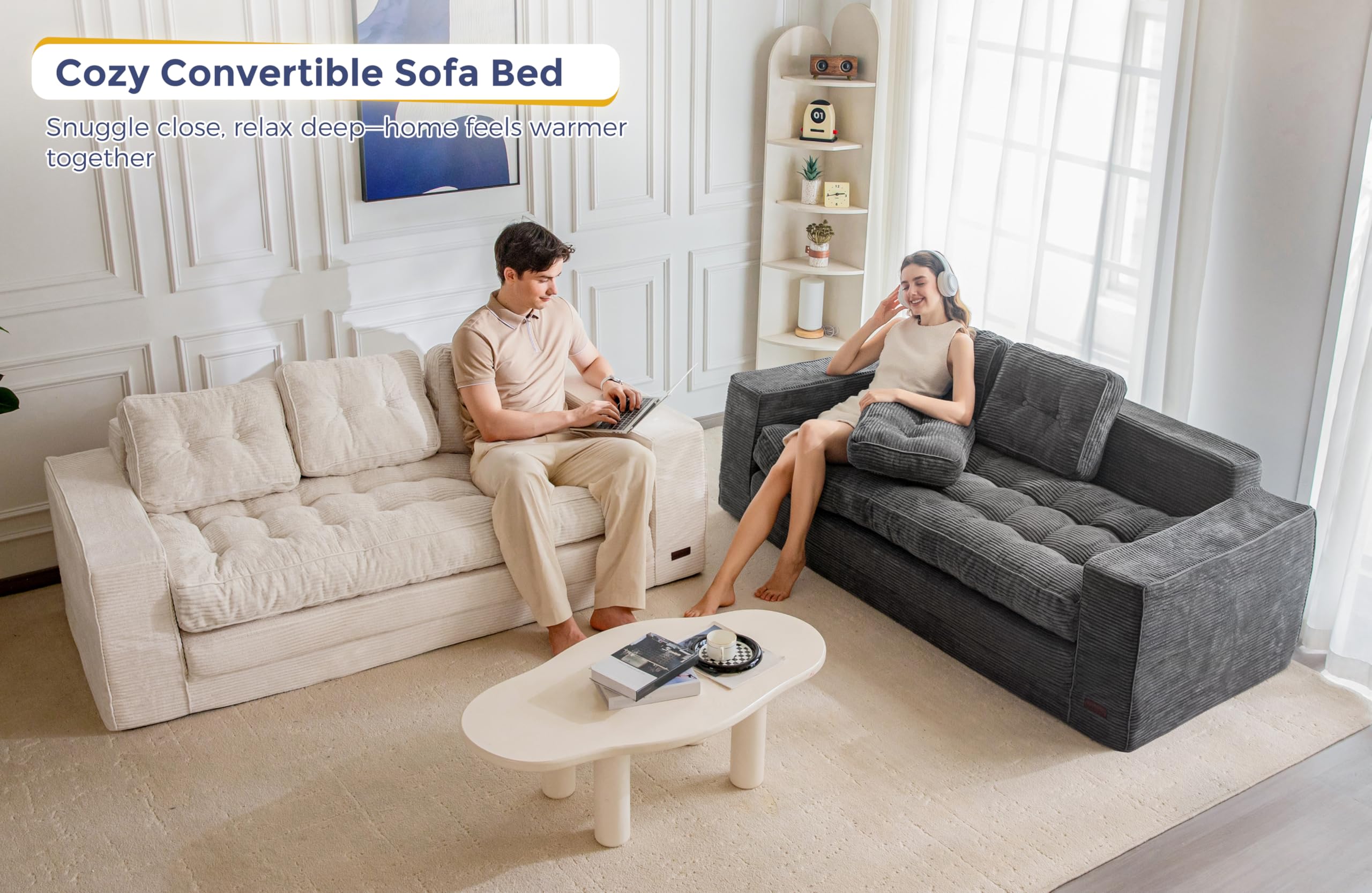 MAXYOYO Bodensofa Schlafsofa 190cm Breit mit Kissen, 2-in-1 Klappbar Cord Sofa 3 Sitzer mit Schlaffunktion, Liegefläche 101x196CM für Wohnzimmer, Schlafzimmer, Lounge | Ausziehbares Schlafsofa mit 2 Kissen, bequemes 2-in-1-Schlafsofa 3-Sitzer, 190x85 cm,