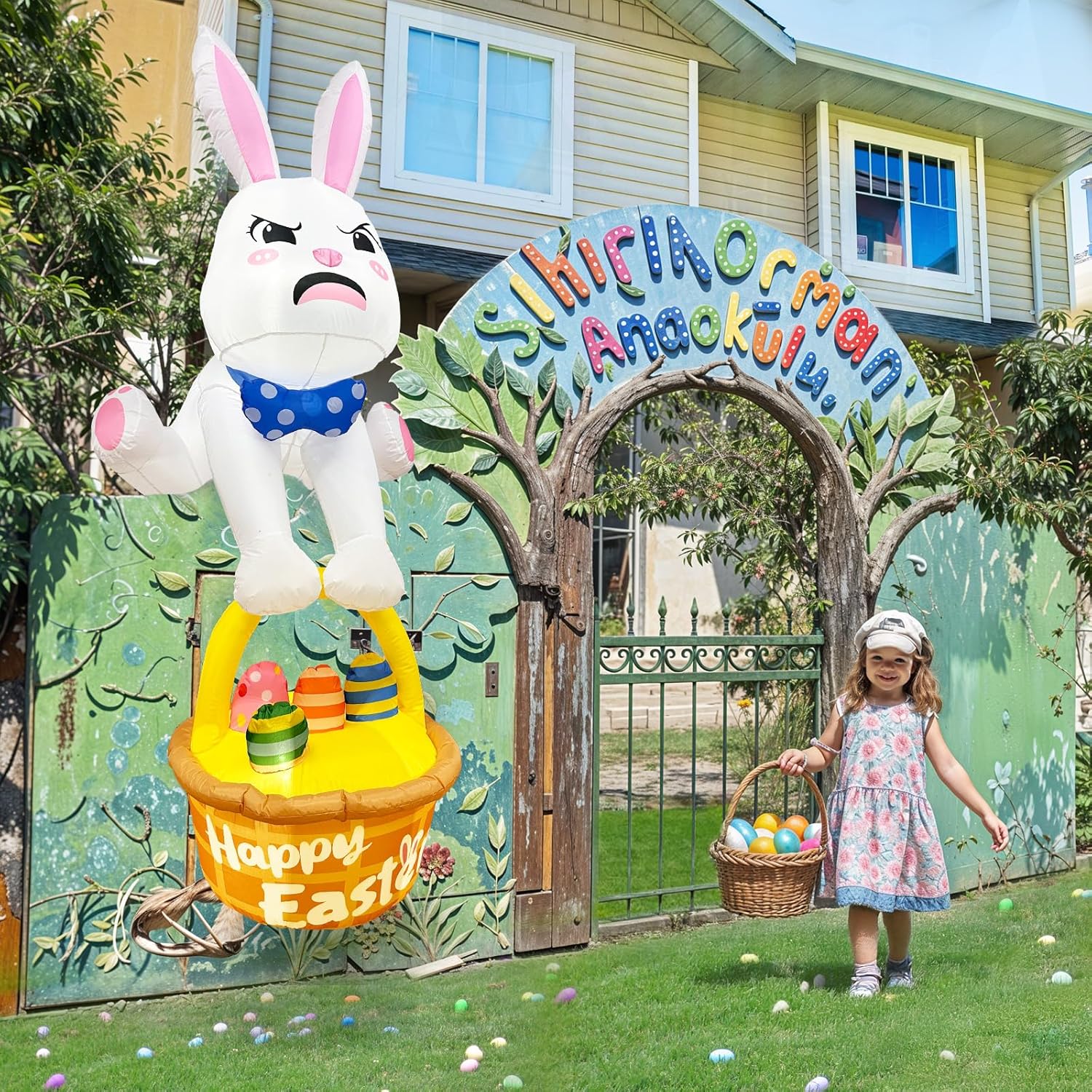 8FT Easter Inflatables Outdoor Decorations Climbing Inflatable Bunny Decor, Inflatable Bunny Basket with Eggs Decor, Easter Blow Ups for Outside Roof Yard Shop Lawn Fence