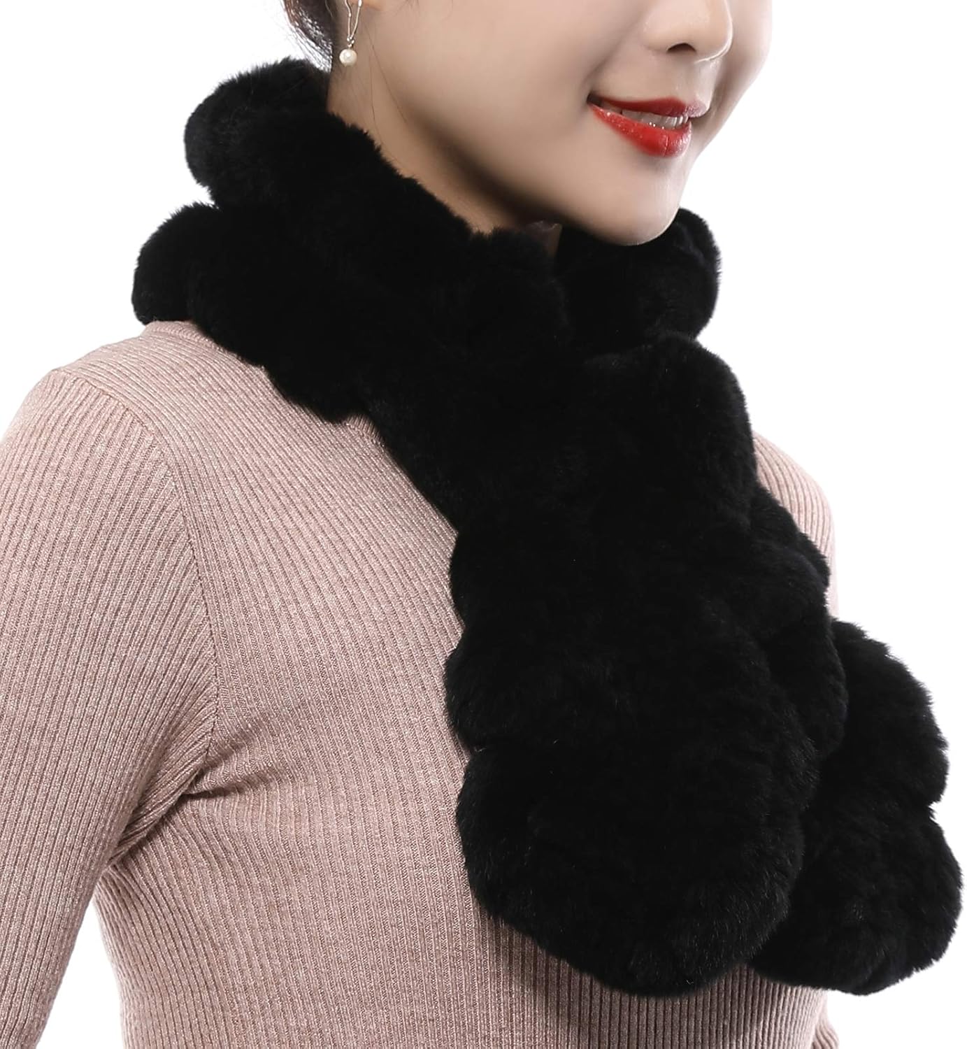 Valpeak Fur Scarves for Women Rabbit Fur Scarf Wrap Wave Cut Fur Neck Warmer Scarf for Winter Knitted Fuzzy Fluffy - Image 2