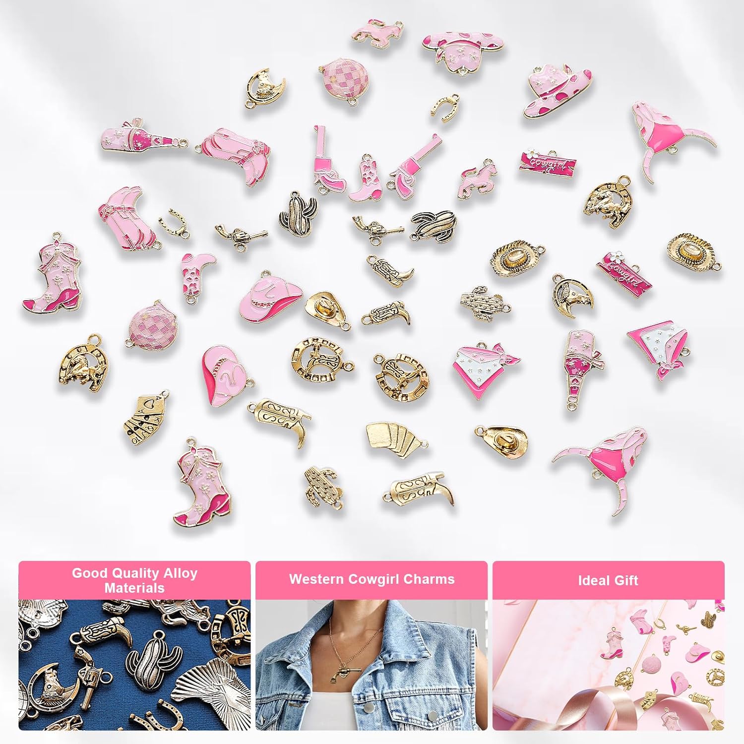 48pcs/24pais Western Cowboy Cowgirl Charms, Charms for Jewelry Making Bulk, Pink Gold Enamel Pendants Horse Cactus Boot Gun Hat Trinkets for Bracelet Making DIY Crafts Necklace Earrings Keychain - Image 4