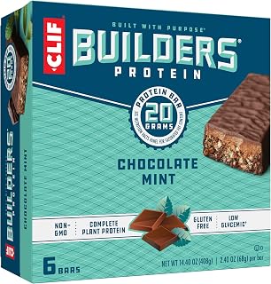 CLIF BUILDERS Protein Bars - Chocolate Mint Flavor - 20g Plant Based Protein - Gluten Free - Non-GMO - Low Glycemic - No Artificial Sweeteners - 2.4 oz. (6 Pack)