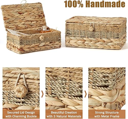 Miniatura 3 de 2PCS Wicker Storage Baskets with Lids Decorative Bohemian Handmade Rattan Boxes Natural Water Hyacinth Seagrass Paper Rope Woven Bins Shelf