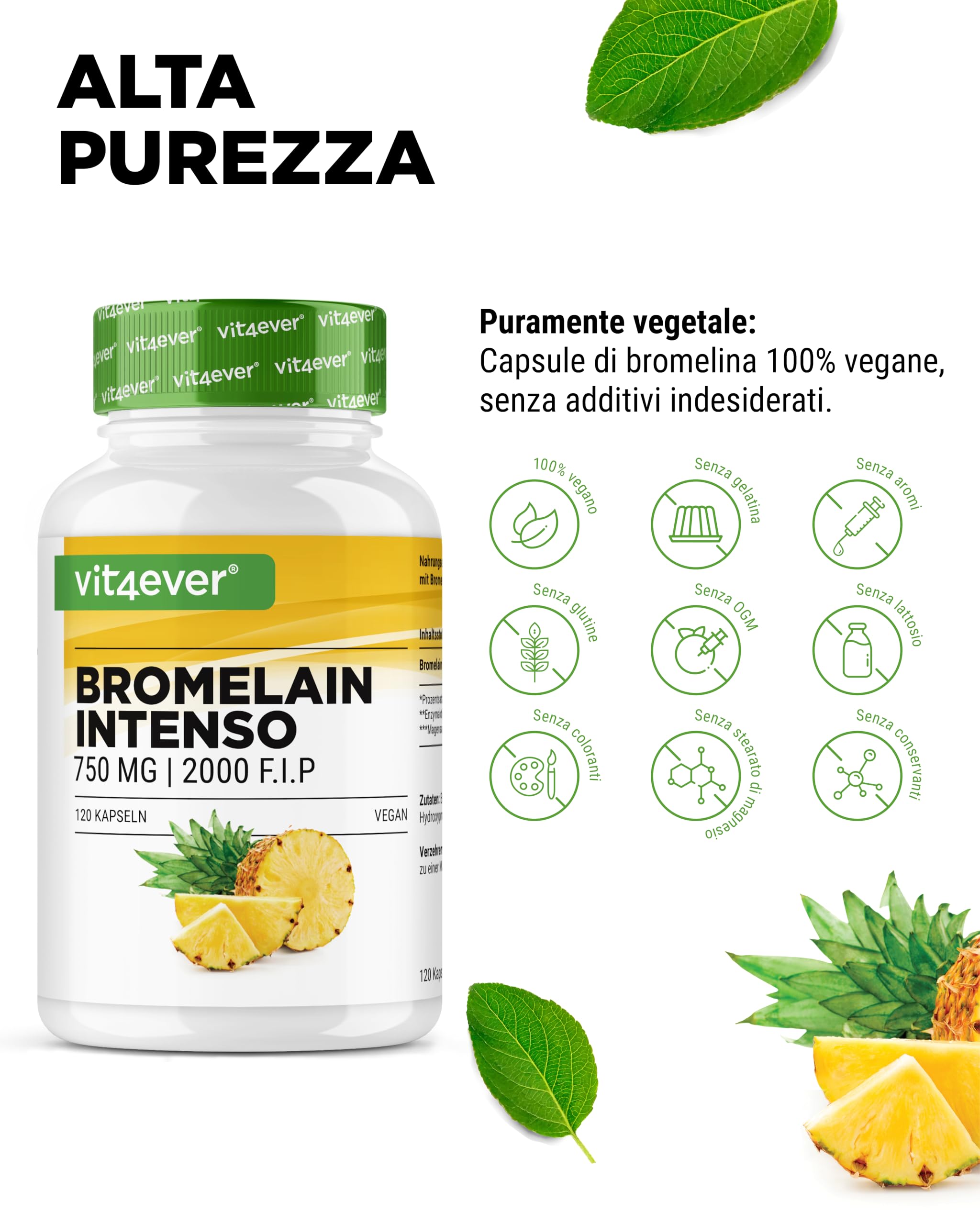 Bromelina Intenso - 750 mg (2000 F.I.P) - 120 capsule rivestite con enterici - Estratto naturale di ananas - Vegano - Altamente dosato