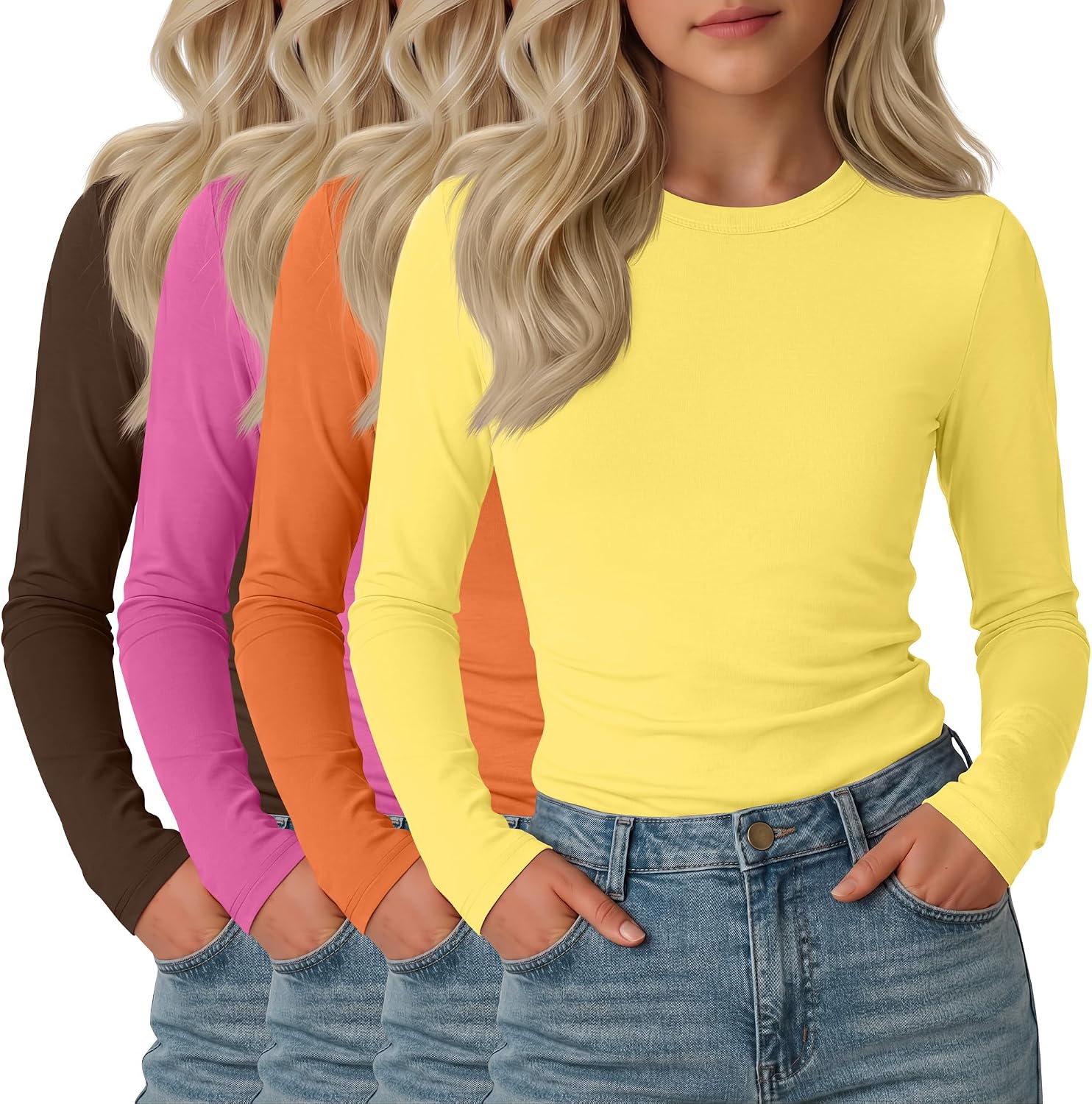 4 Pack Girls Long Sleeve T-Shirts Crew Neck Slim Fit Kids Shirts Layering Solid Basic Casual Tops 5-14Y