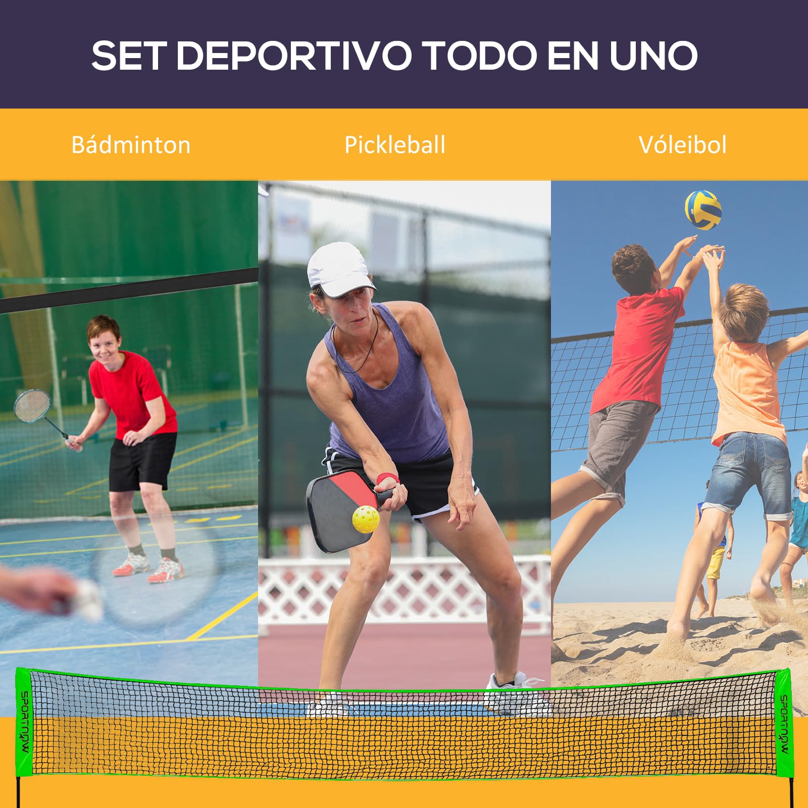 SPORTNOW Set de Bádminton 7 Piezas con 2 Raquetas, 3 Volantes, 2 Raquetas de Pickleball, 2 Pelotas y Red Negro y Verde