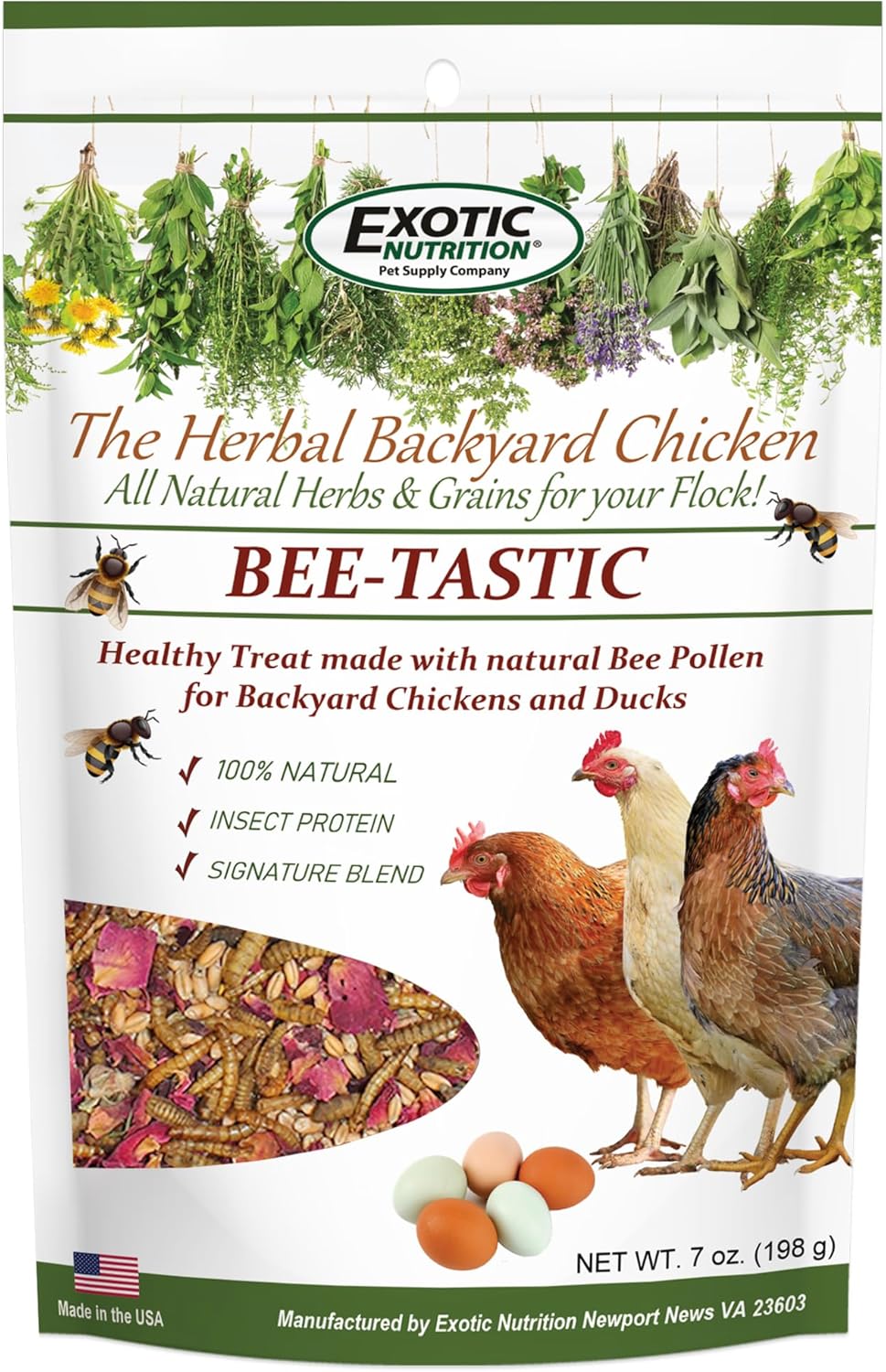Exotic Nutrition Bee-Tastic - Healthy All-Natural Chicken Treat - Dried Insects, Flowers, Herbs Wheat Berries & Bee Pollen - Promotes Healthy Chickens & Eggs (1.5 lbs)