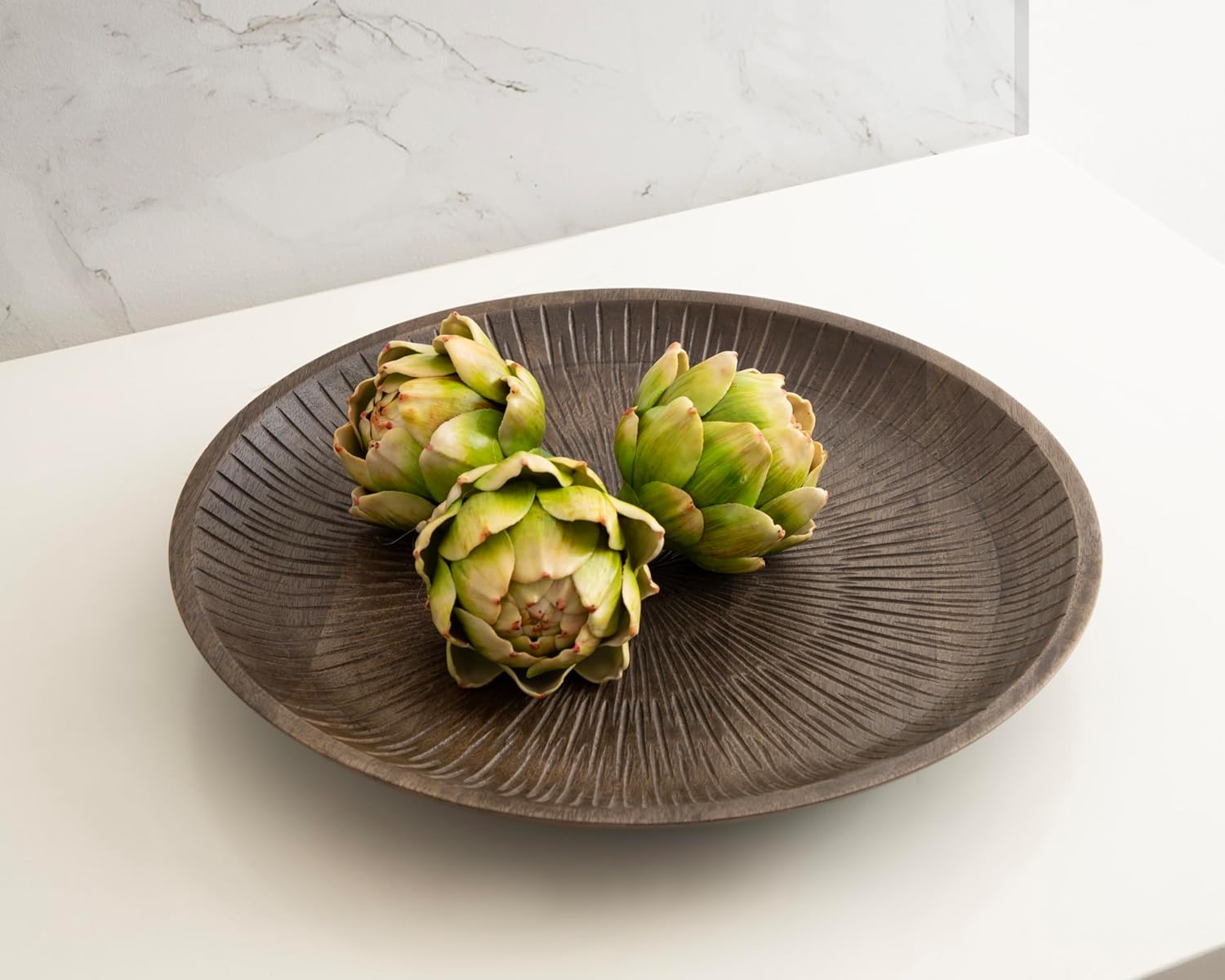 Kate and Laurel Zandros Modern Round Carved Wood Tray, 16 Inch Diameter, Brown, Food-Safe Serving Tray with Carved Pattern for Use as Ottoman Table Topper or Shallow Kitchen Fruit Bowl