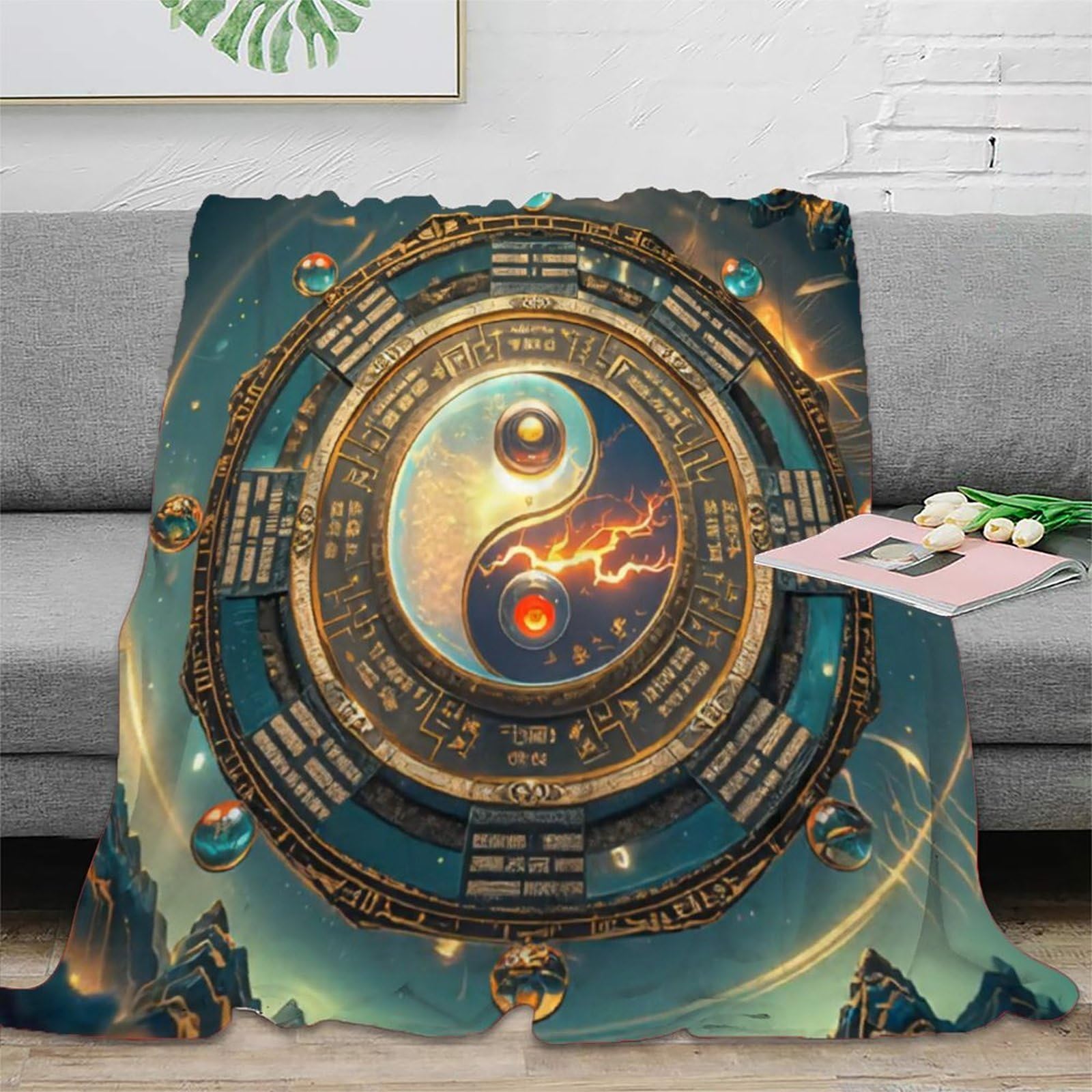 Oeko Tex Yin-Yang koce polarowe 150 x 200 cm, 340 g/m2. Idealnie nadają się jako koc do mieszkania, przytulny, narzuta na sofę lub koc piknikowy, dwustronny koc polarowy (Sherpa i flausz)