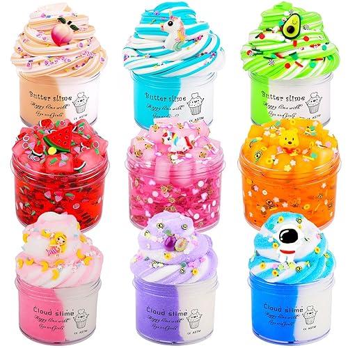 9 Pack Slime Kit, with 6 Butter Slime and 3 Jelly Cube Crunchy Slime, Soft & Non-Sticky, for Girls and Boys Family Toy, Party Favors, Stress Relief Toys