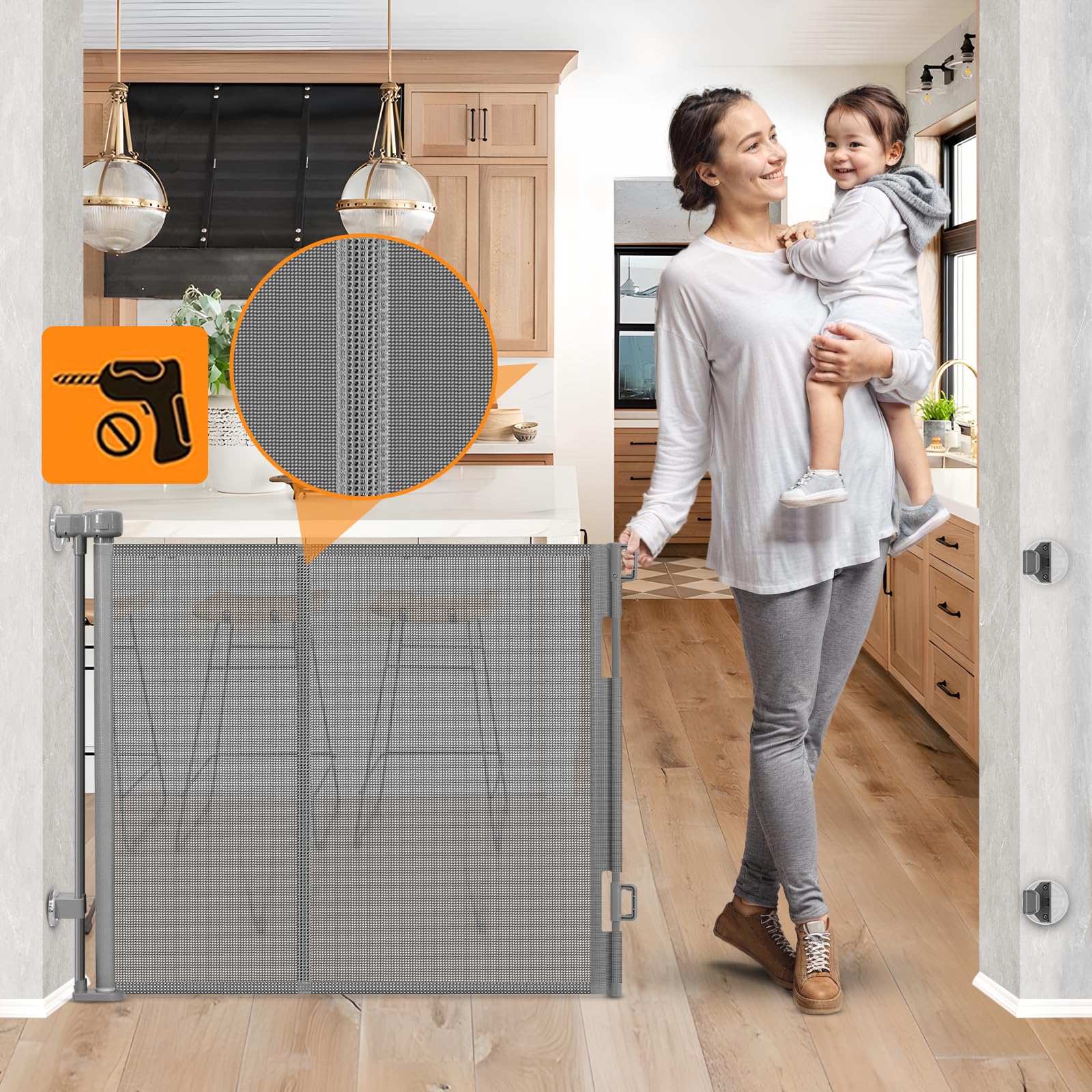 Reinforced No Drill Retractable Baby Gates for Dogs No Drilling Mesh Dog Gate with Support Rod to Prevent Crawling Underneath, 55" Wide Retractable Dog Gate for Stairs No Drilling Retractable Pet Gate